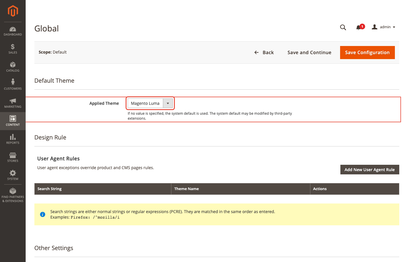 Magento 2 theme edit view with Applied Theme dropdown selector highlighted