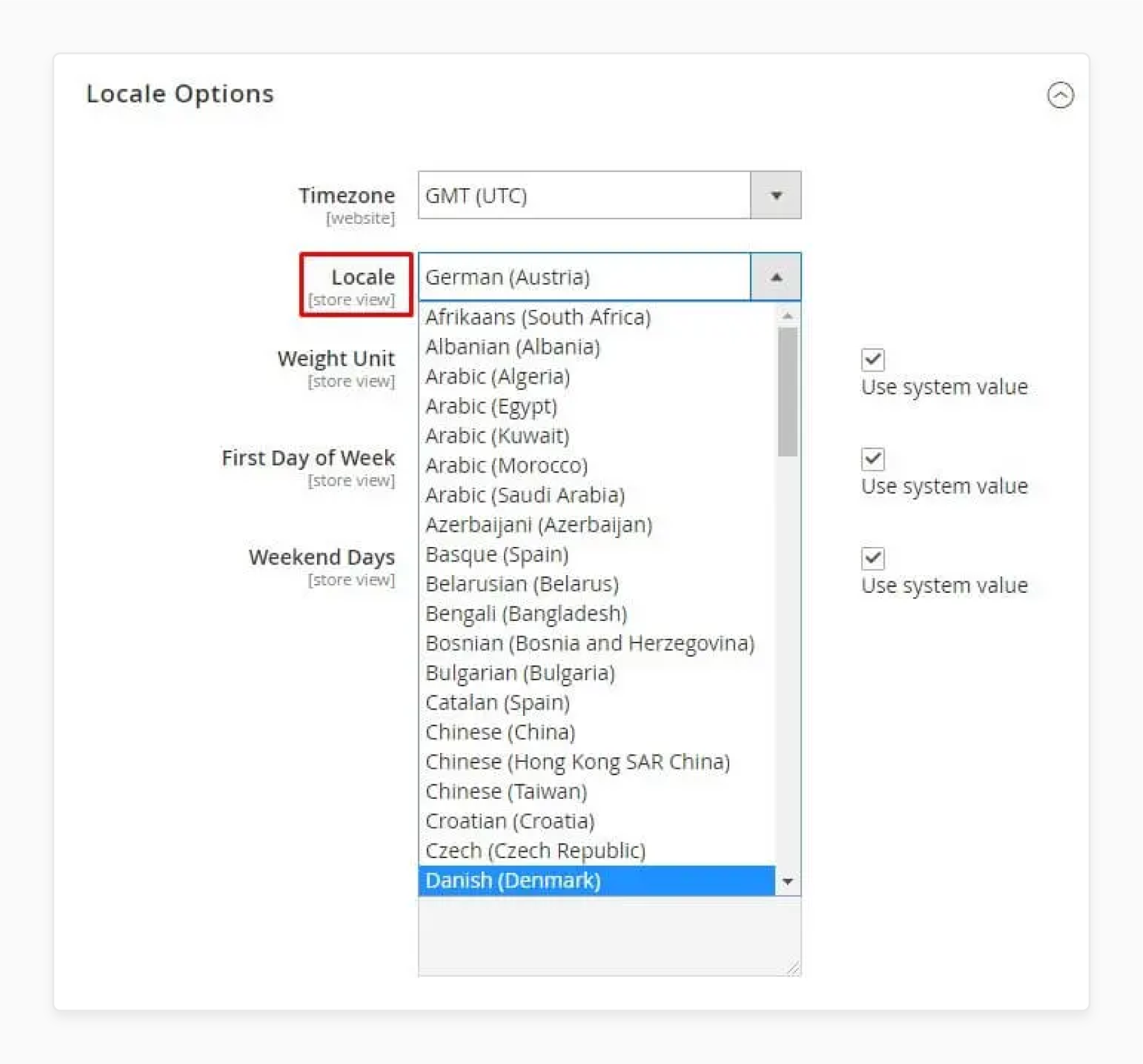 navigating to the locale options in magento 2 admin panel to configure language and regional settings for the store