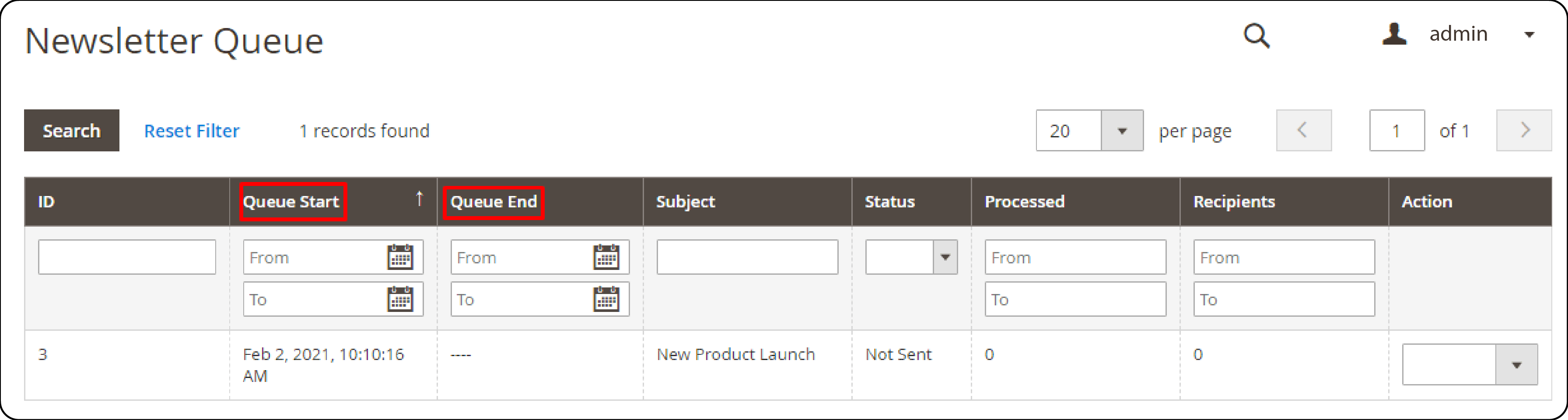 Setting queue start and end dates for a Magento 2 newsletter campaign