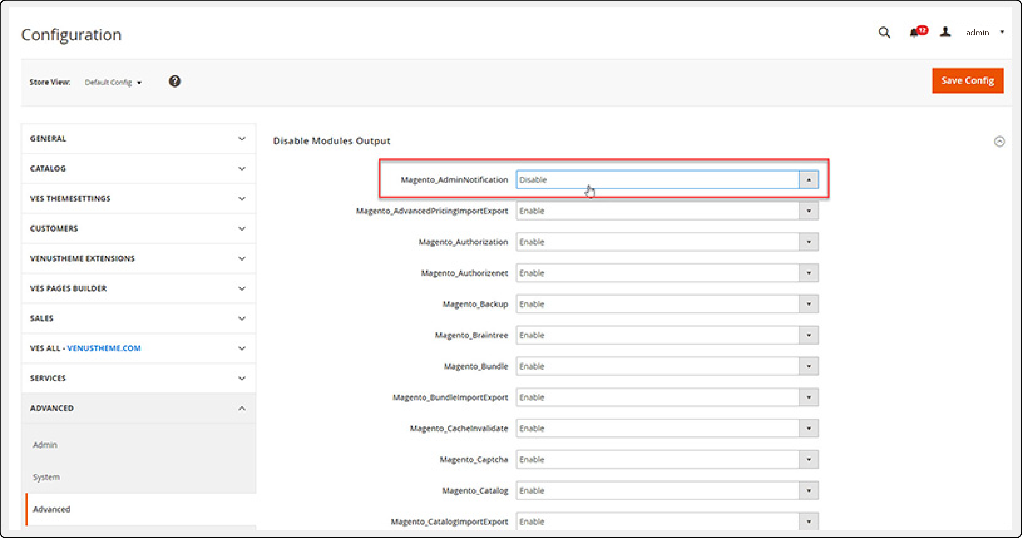Disable Modules Output in Magento Admin Notification