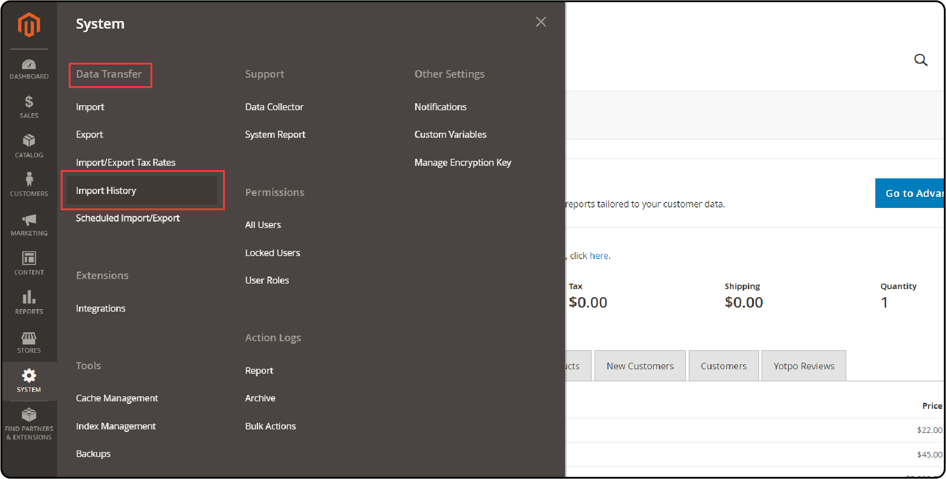 Steps to View the Import History for Magento 2-Navigate to Import History