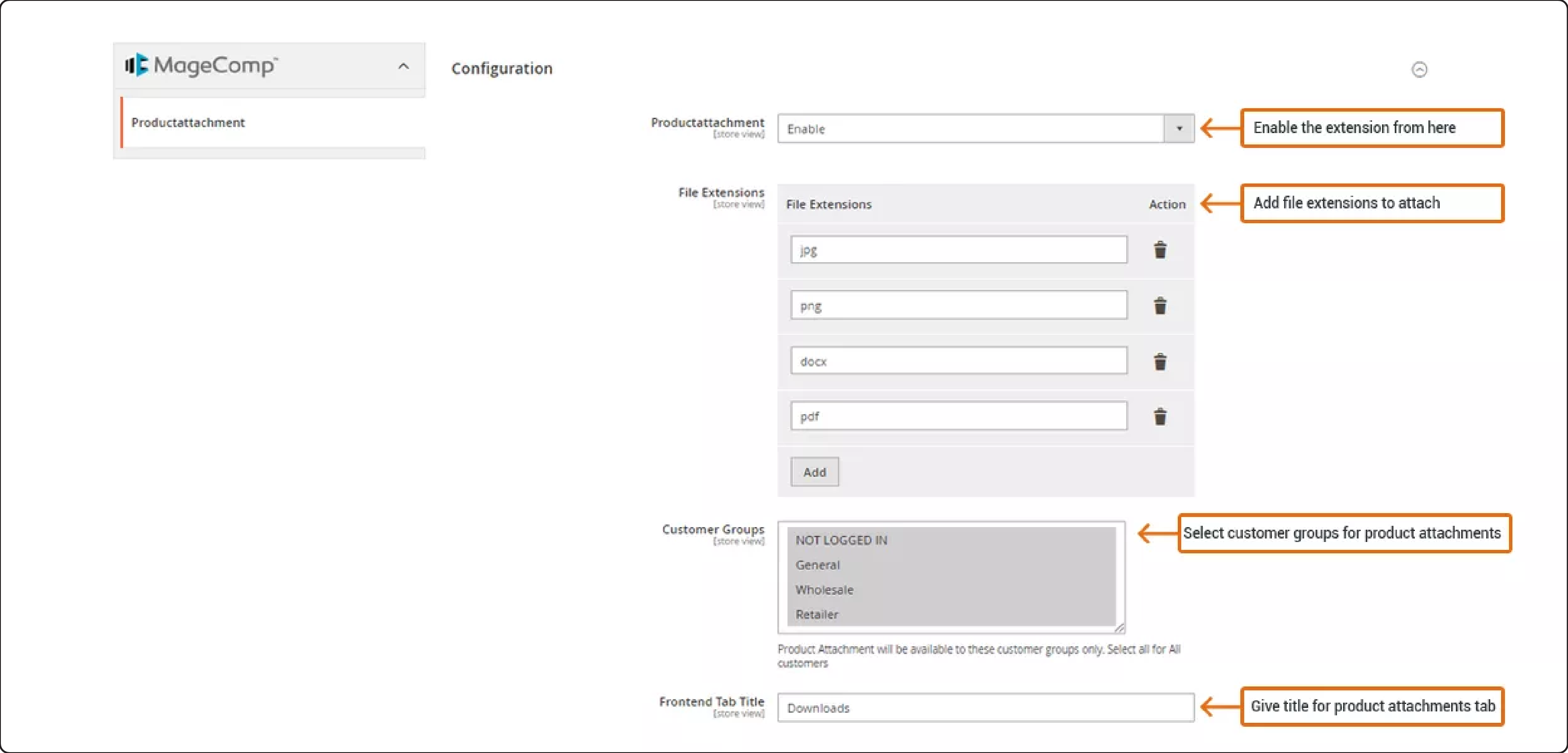 General configuration for Magento 2 product attachment extension