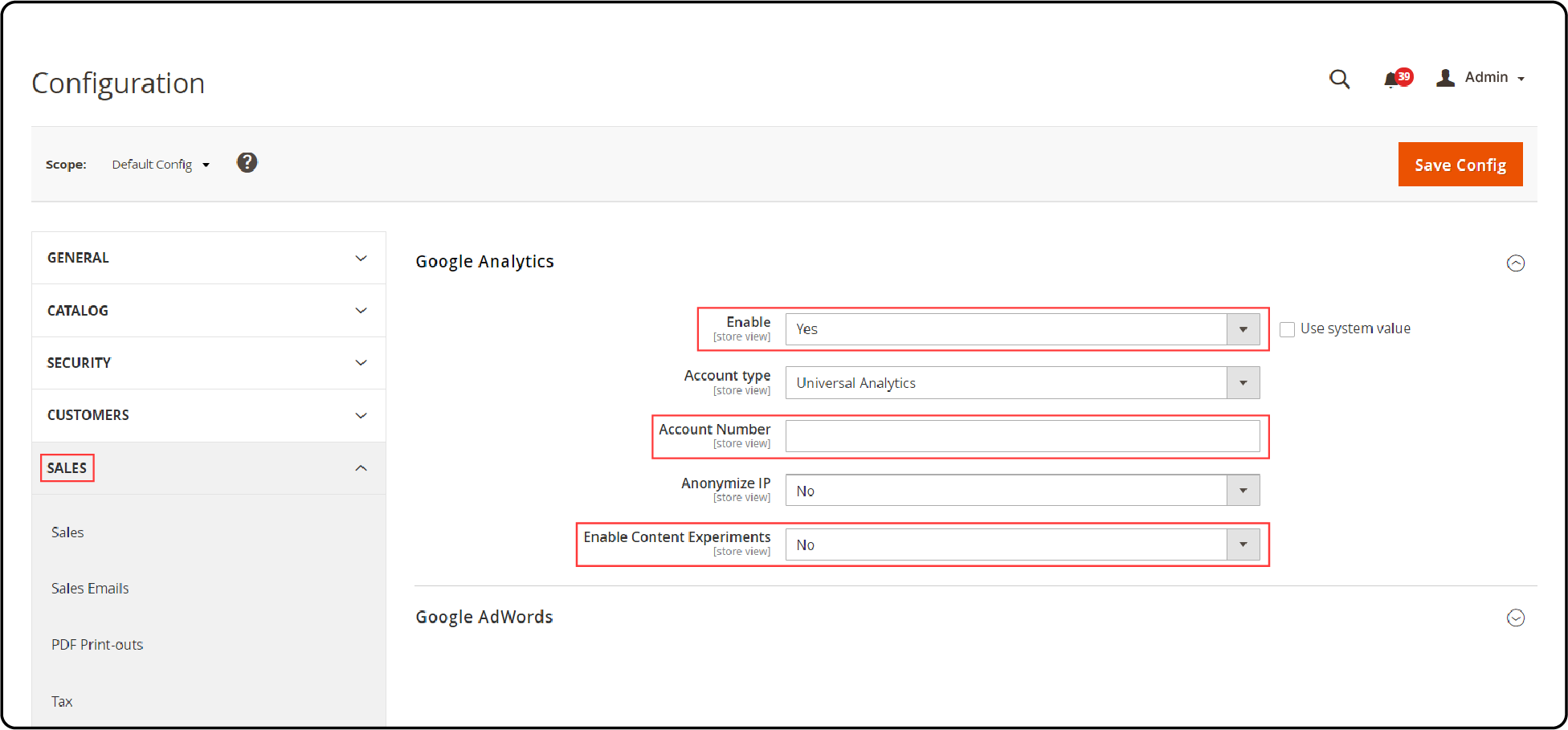 Select Google API Under Sales Tab
