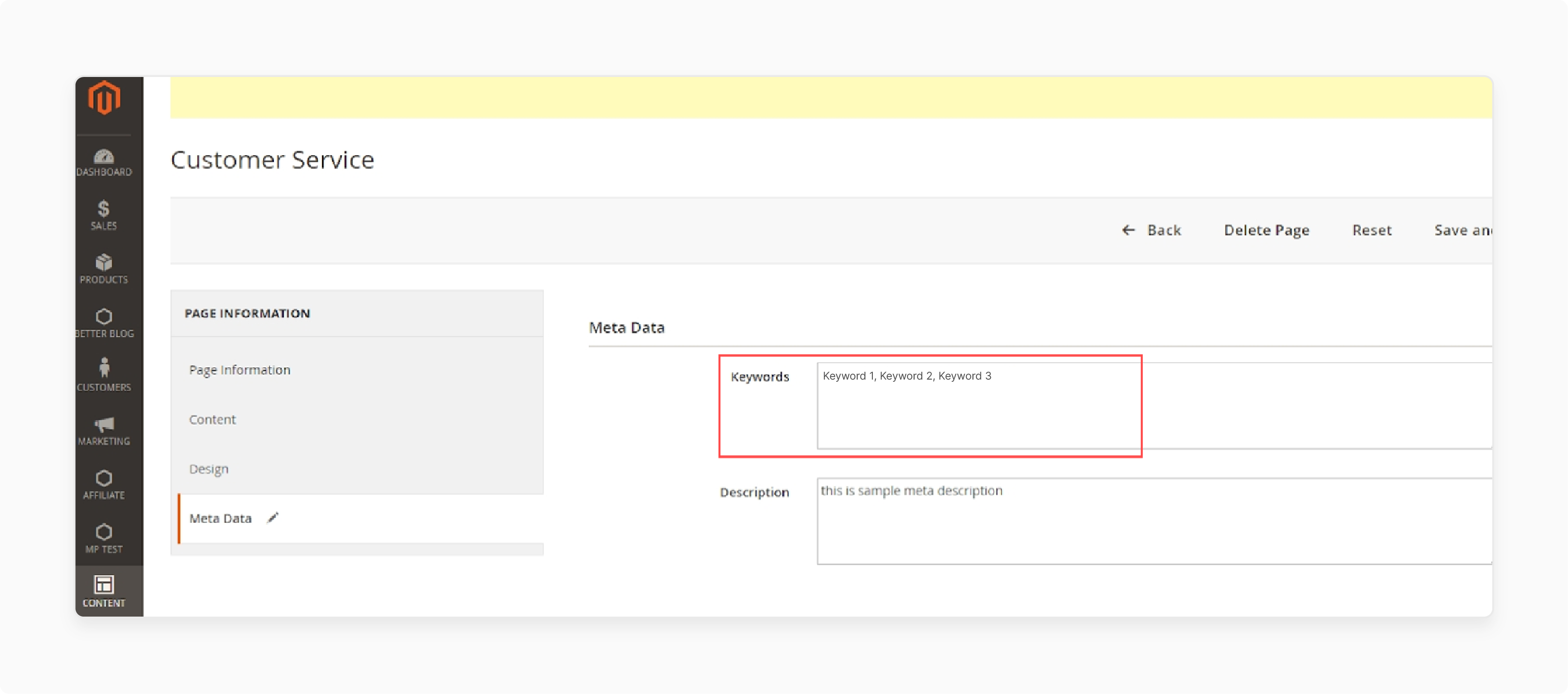 Adding or Editing Meta Keywords: For CMS Pages