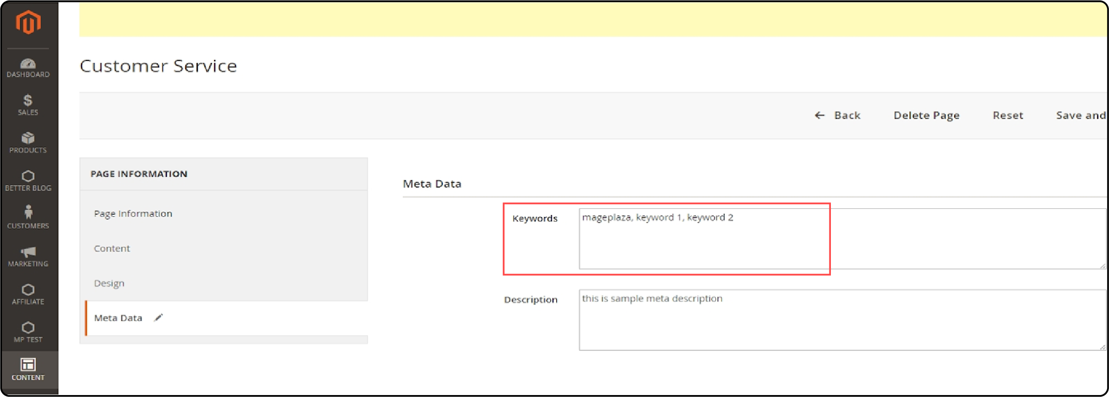 Adding or Editing Meta Keywords: For CMS Pages