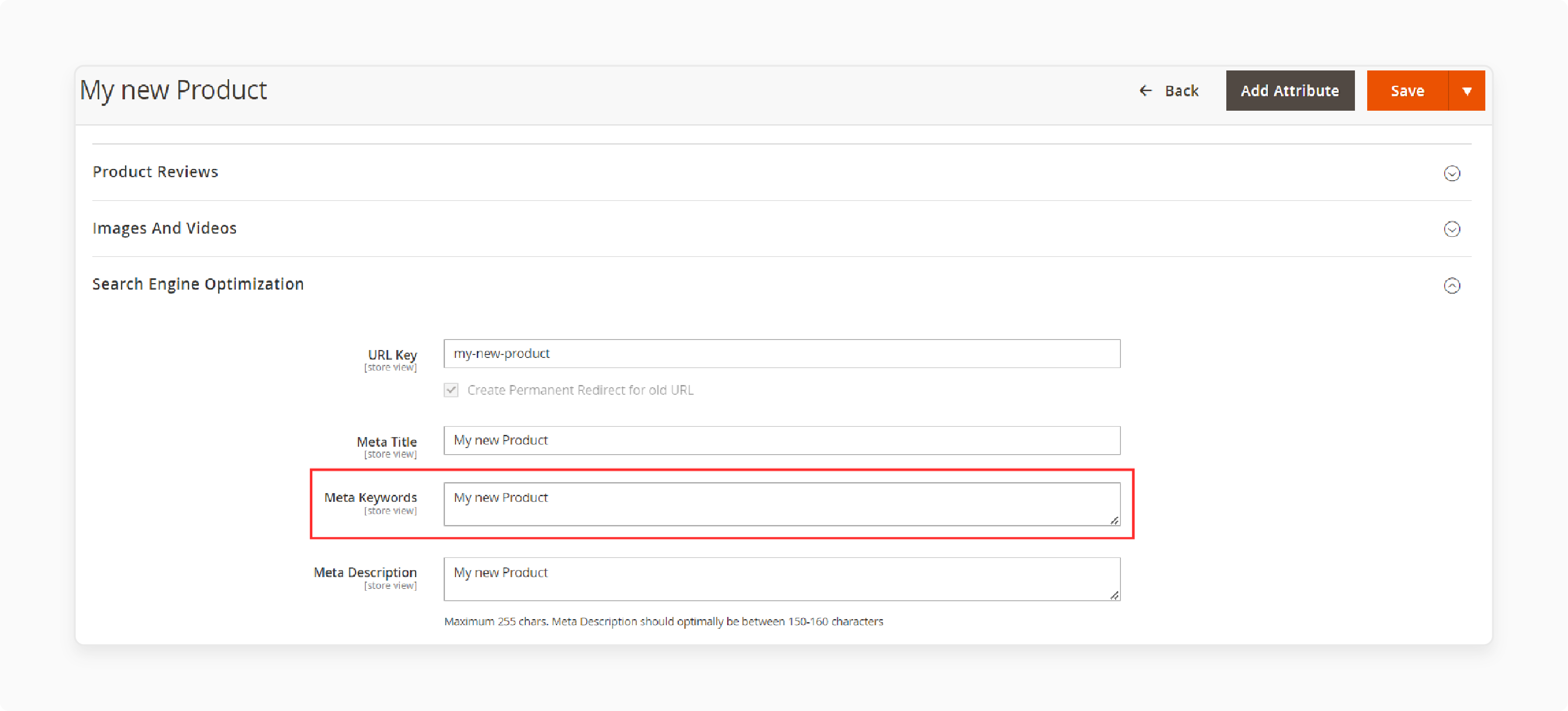 Adding or Editing Meta Keywords: Enter Meta Keywords
