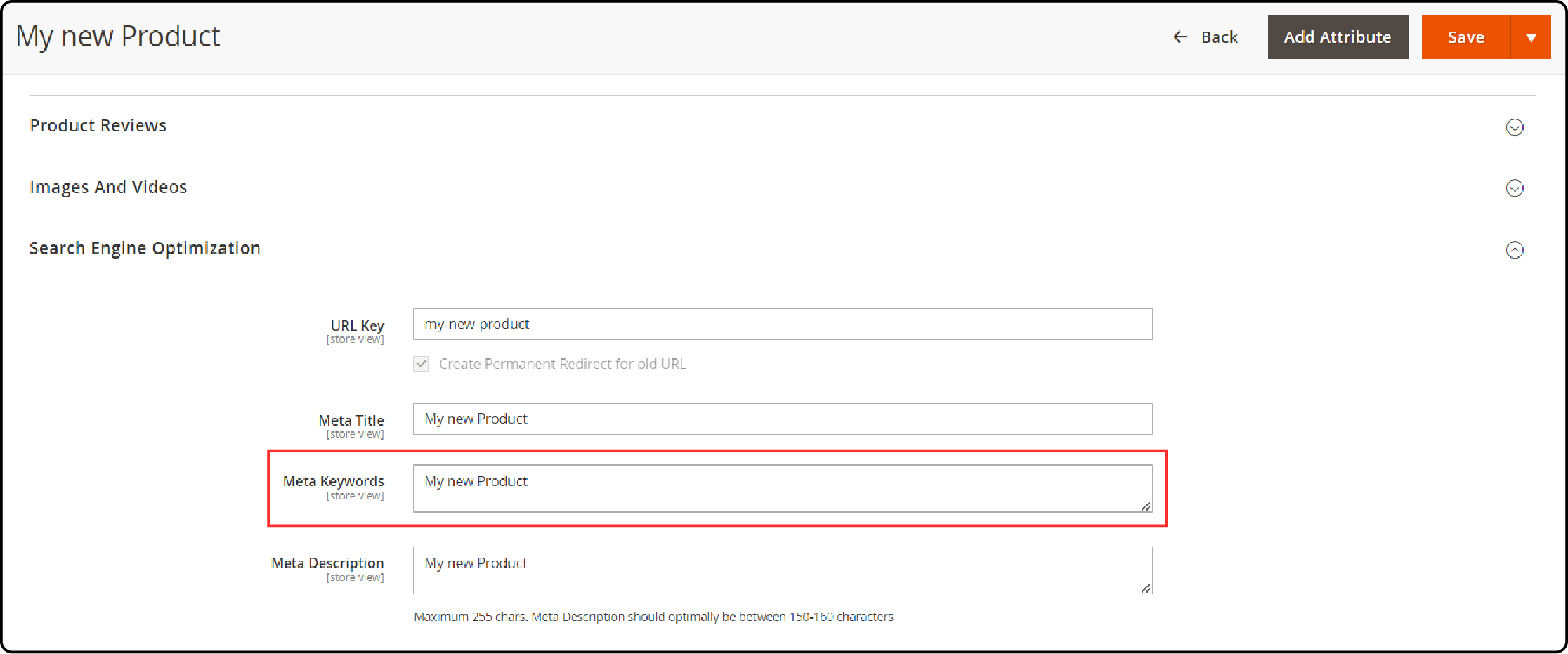 Adding or Editing Meta Keywords: Enter Meta Keywords