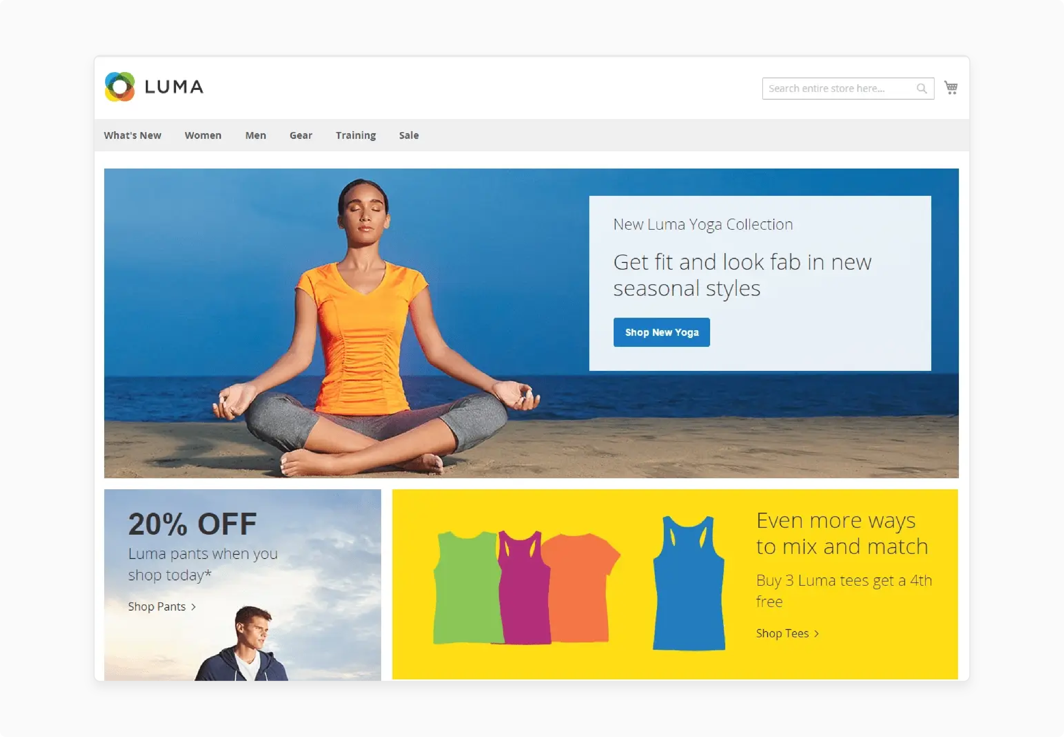 Luma is the default Magento 2 theme with responsive design and basic eCommerce features Luma Theme for Magento 2
