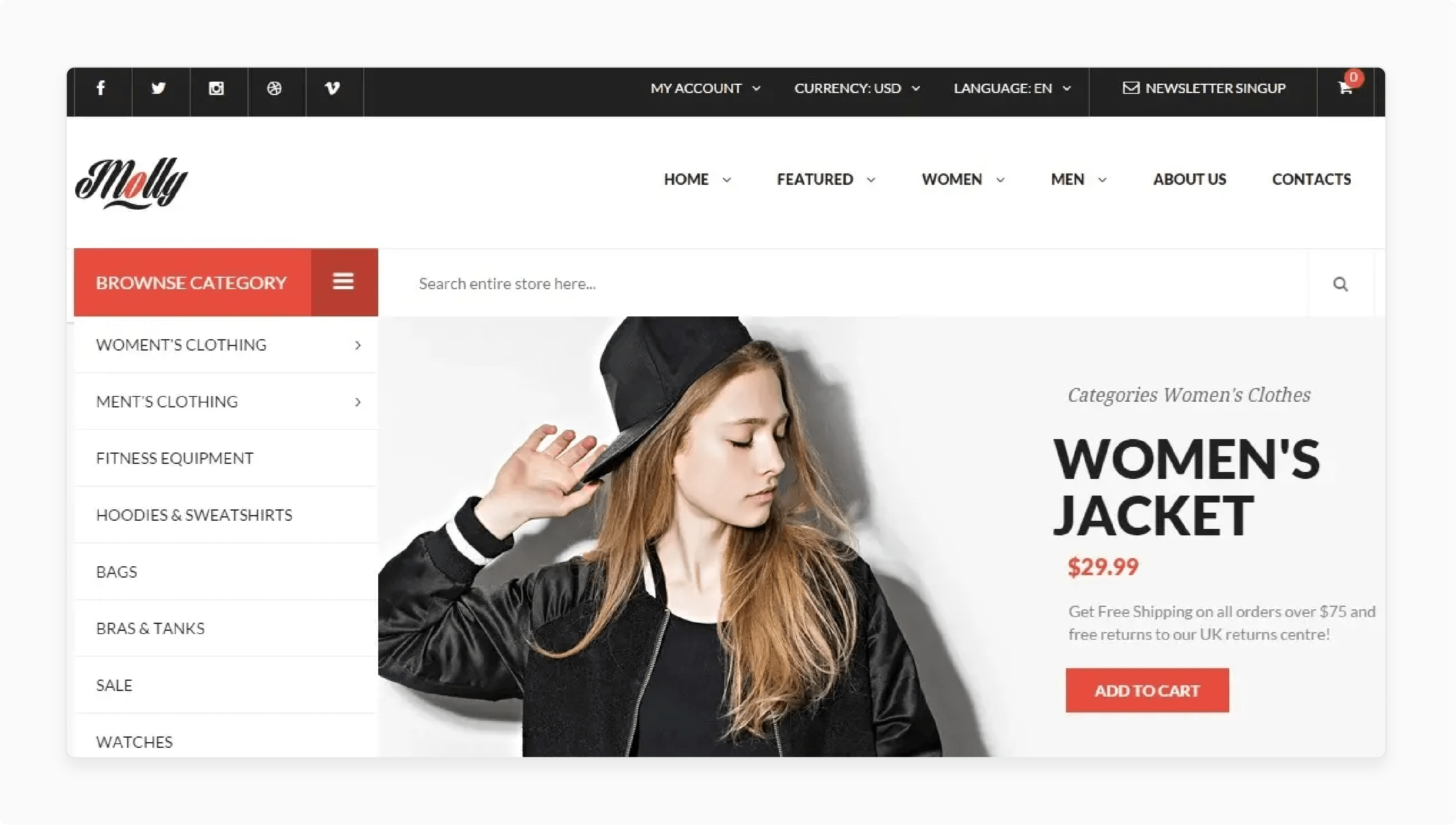 Molly Magento 2 theme supports multi-layouts and responsive design for Adobe Commerce Molly Magento 2 Theme