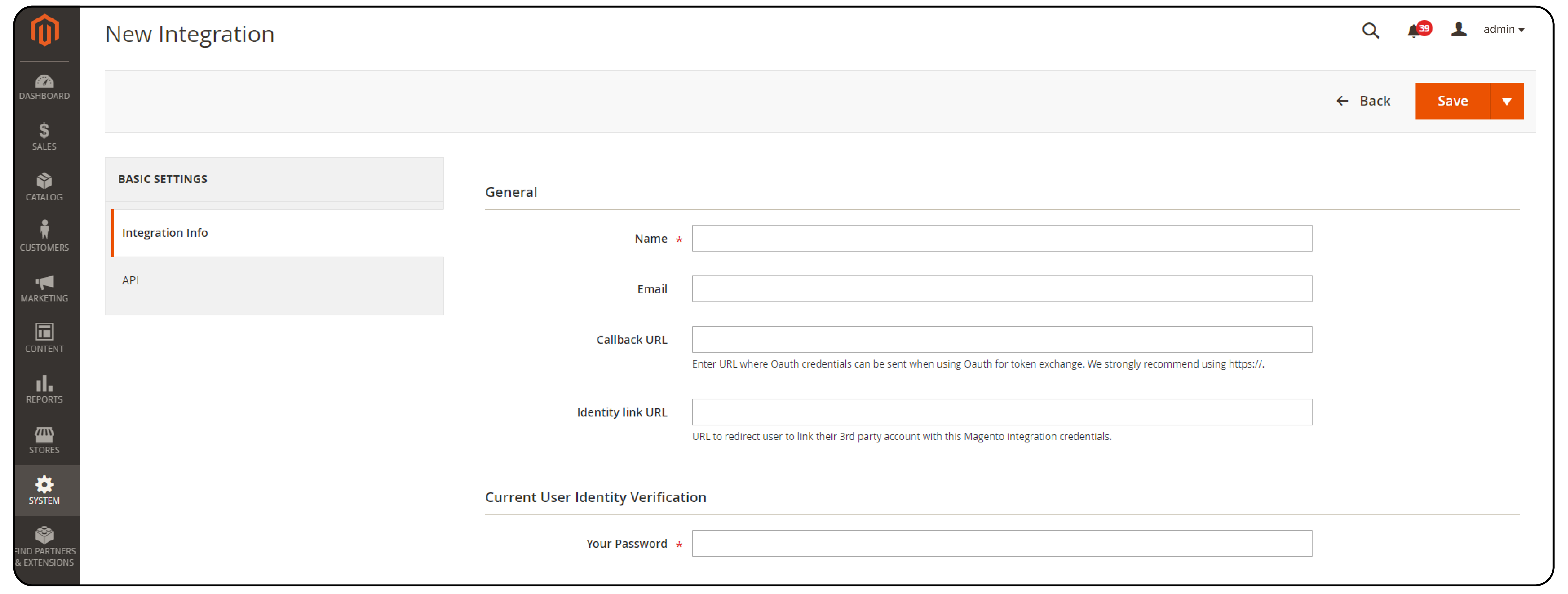 Filling in necessary information for API credentials in Magento 2