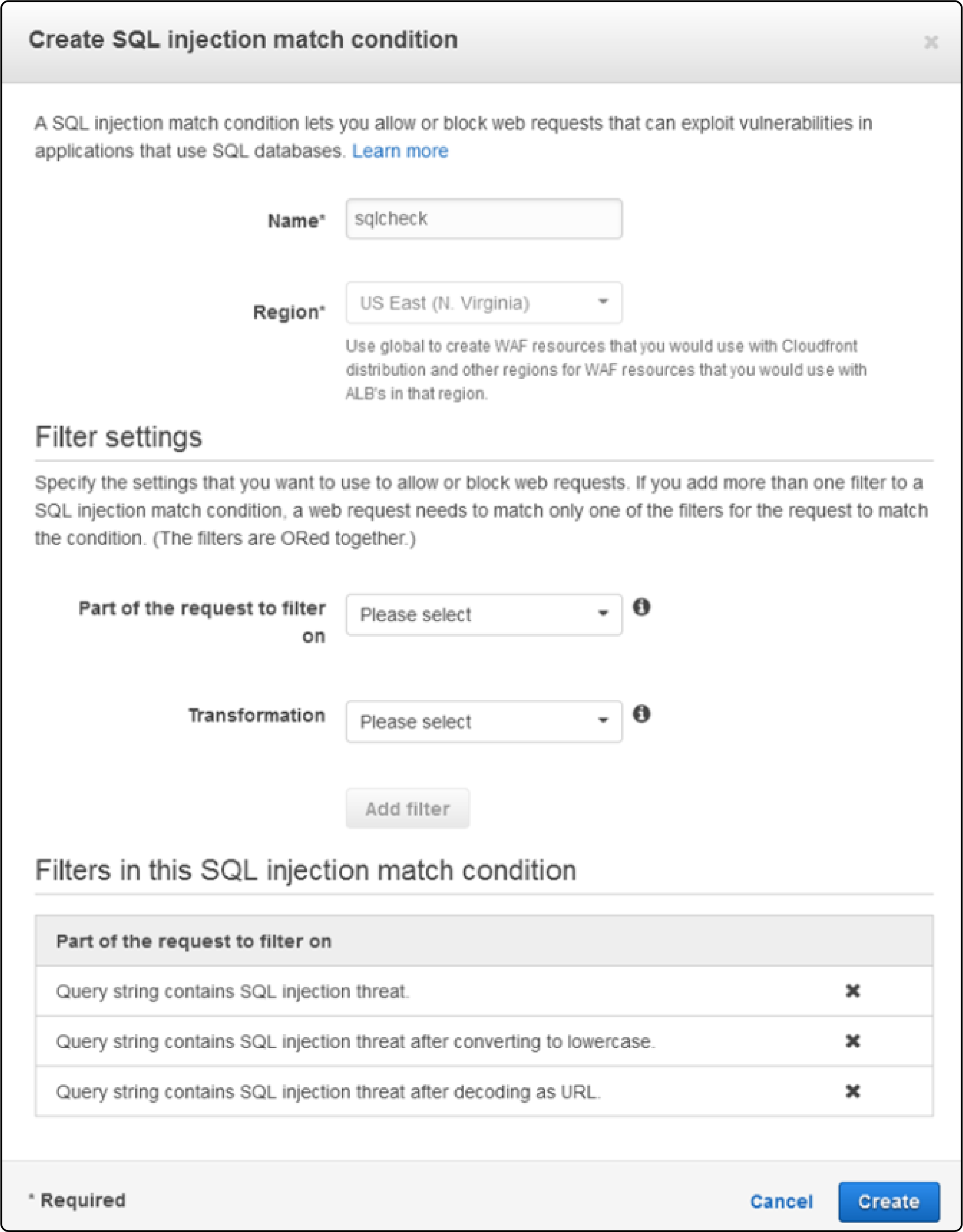 Create SQL injection match to integrate AWS WAF Magento