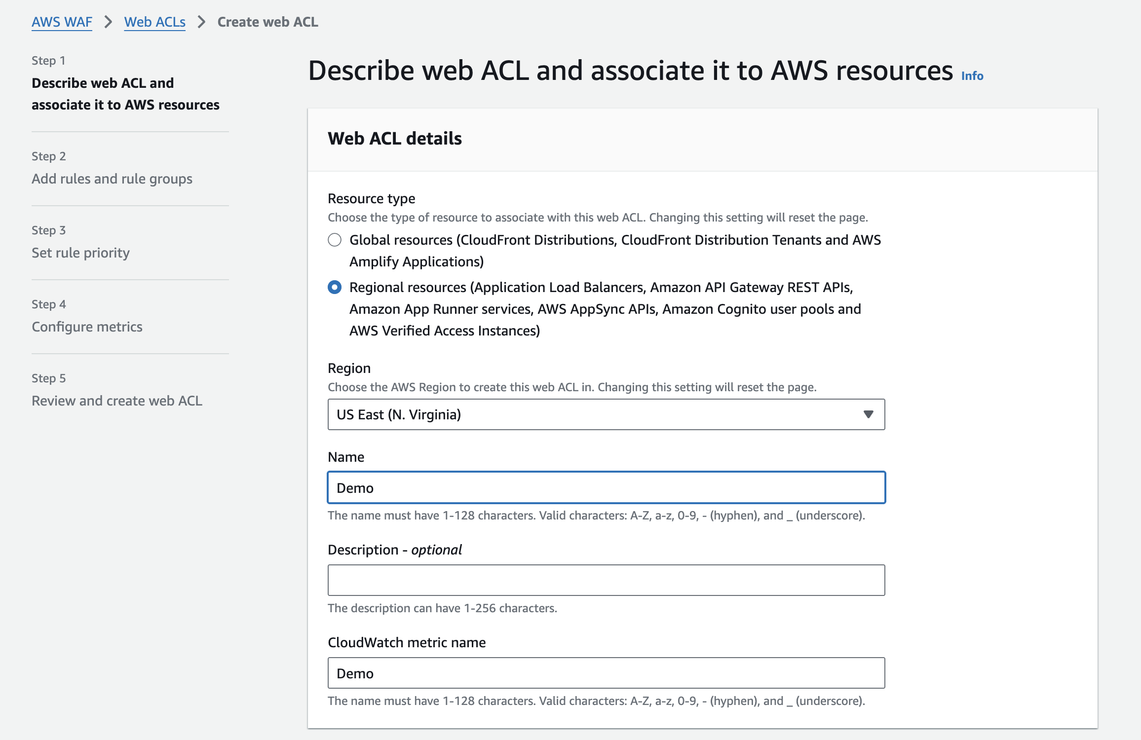 Creating a new Web ACL in AWS WAF with name, description, and resource type configuration