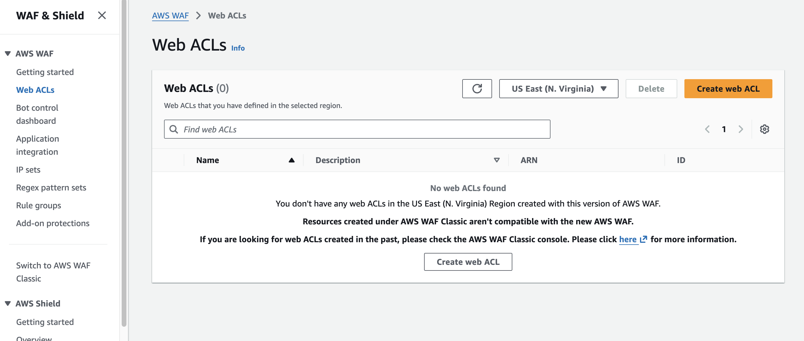 AWS WAF Console showing Web ACLs overview with Create web ACL button