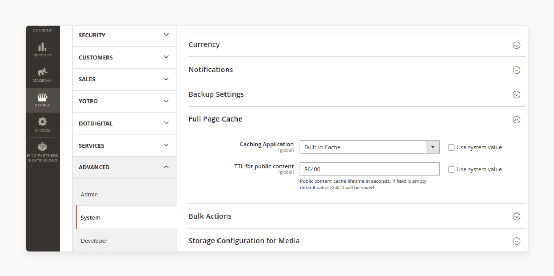 access the 'full page cache' section in magento 2 admin panel to enable or configure caching settings for better performance