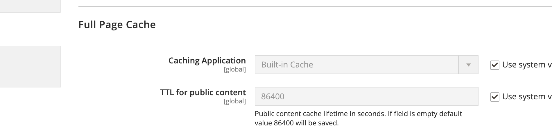 Magento 2 Full Page Cache settings showing Caching Application dropdown and TTL configuration in the admin panel