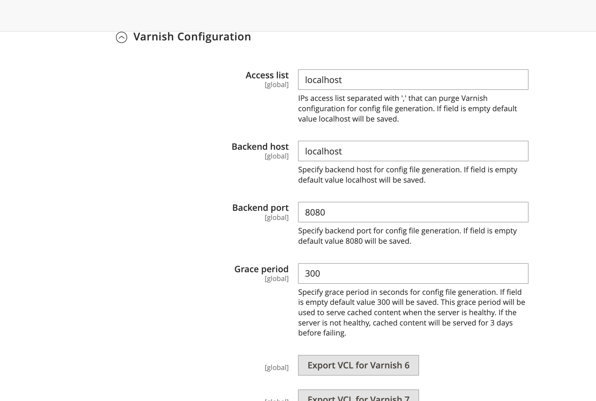 Varnish Configuration panel in Magento 2 showing Access list, Backend host, Backend port 8080, Grace period 300, and Export VCL buttons