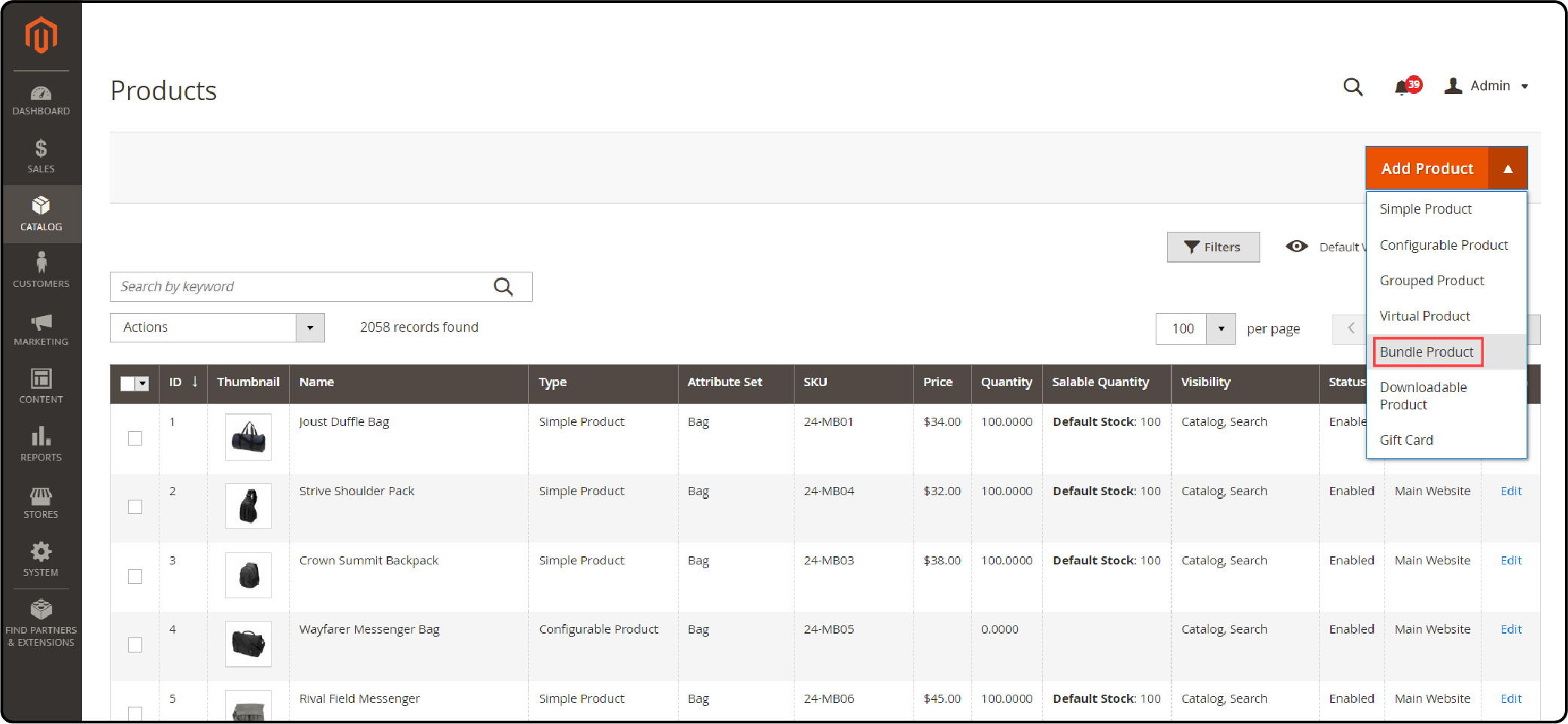 Create a new product - set product type to bundle product