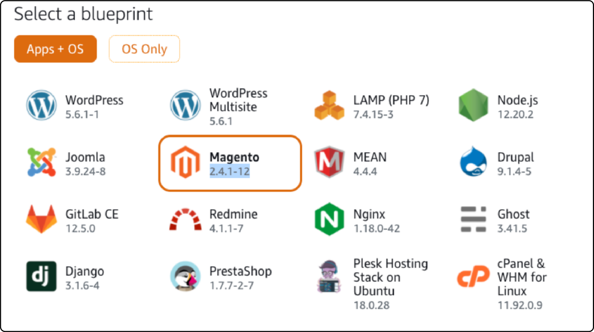 Select Bitnami Magento blueprint on AWS Lightsail