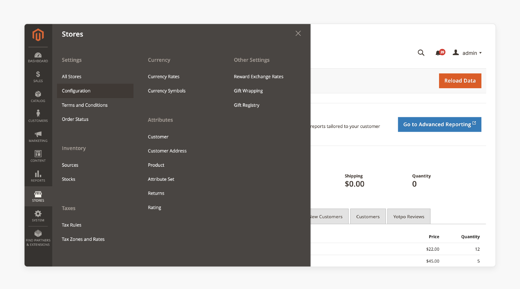 accessing the magento admin dashboard to configure store settings, caching, and email
