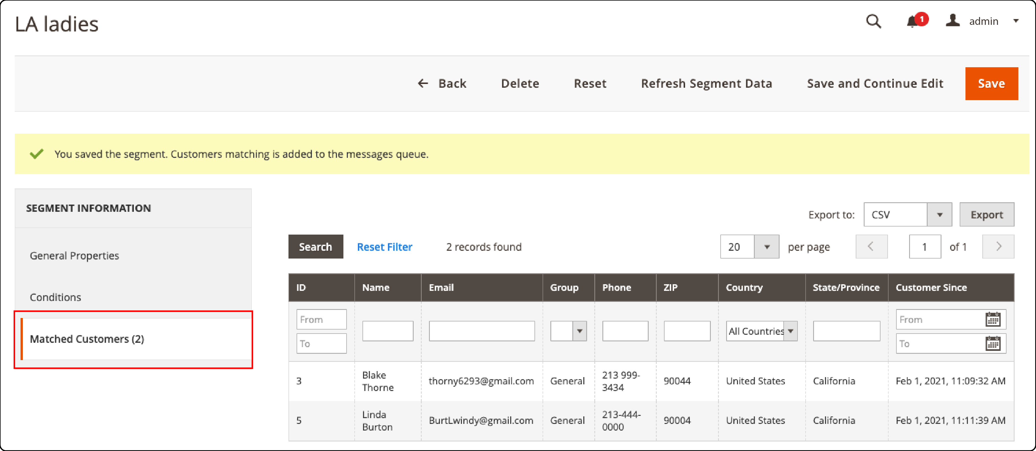 Matched Customers in Magento 2 Customer Segments