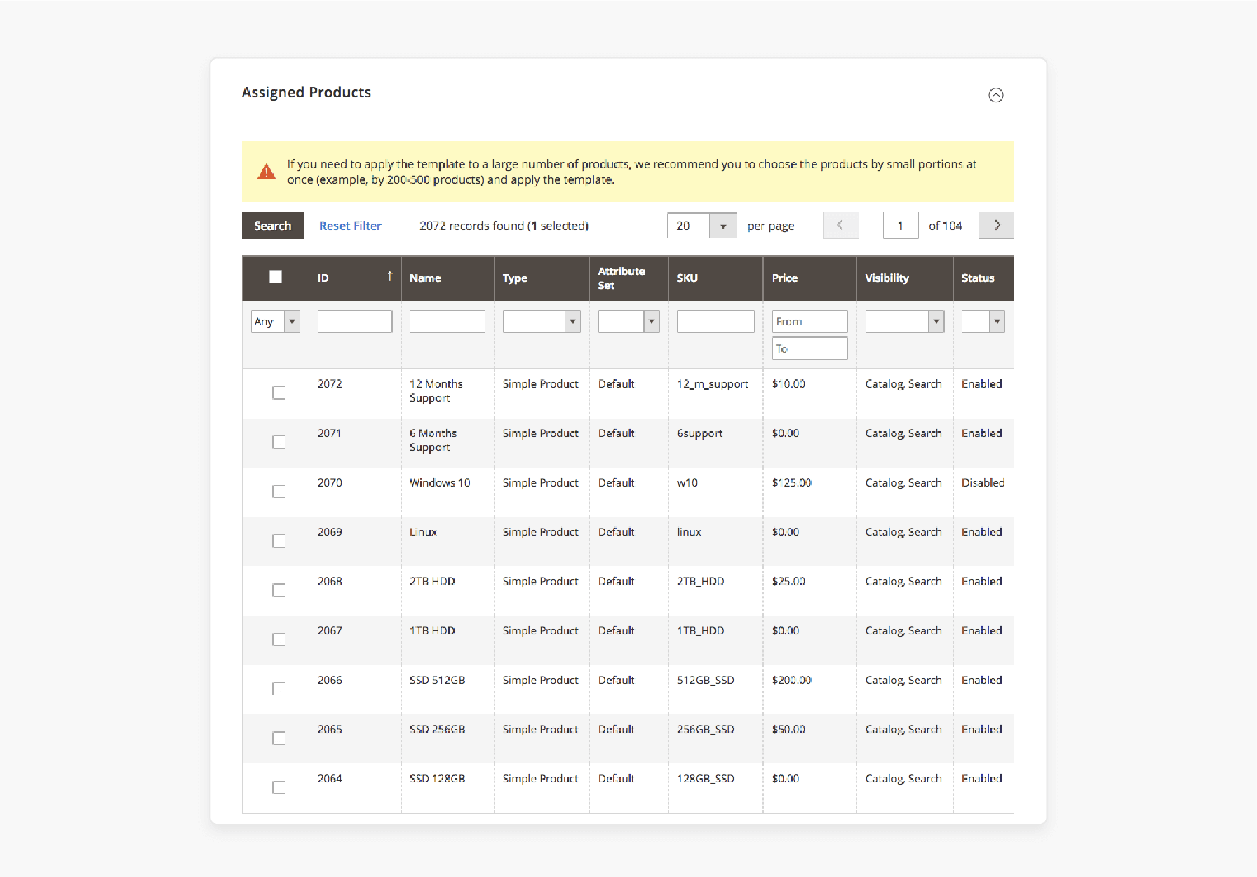 mass assigning product option templates to multiple products in magento 2