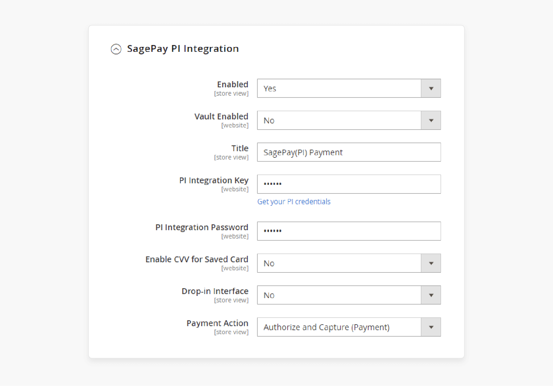 expand the sagepay pi integration section in magento 2 settings