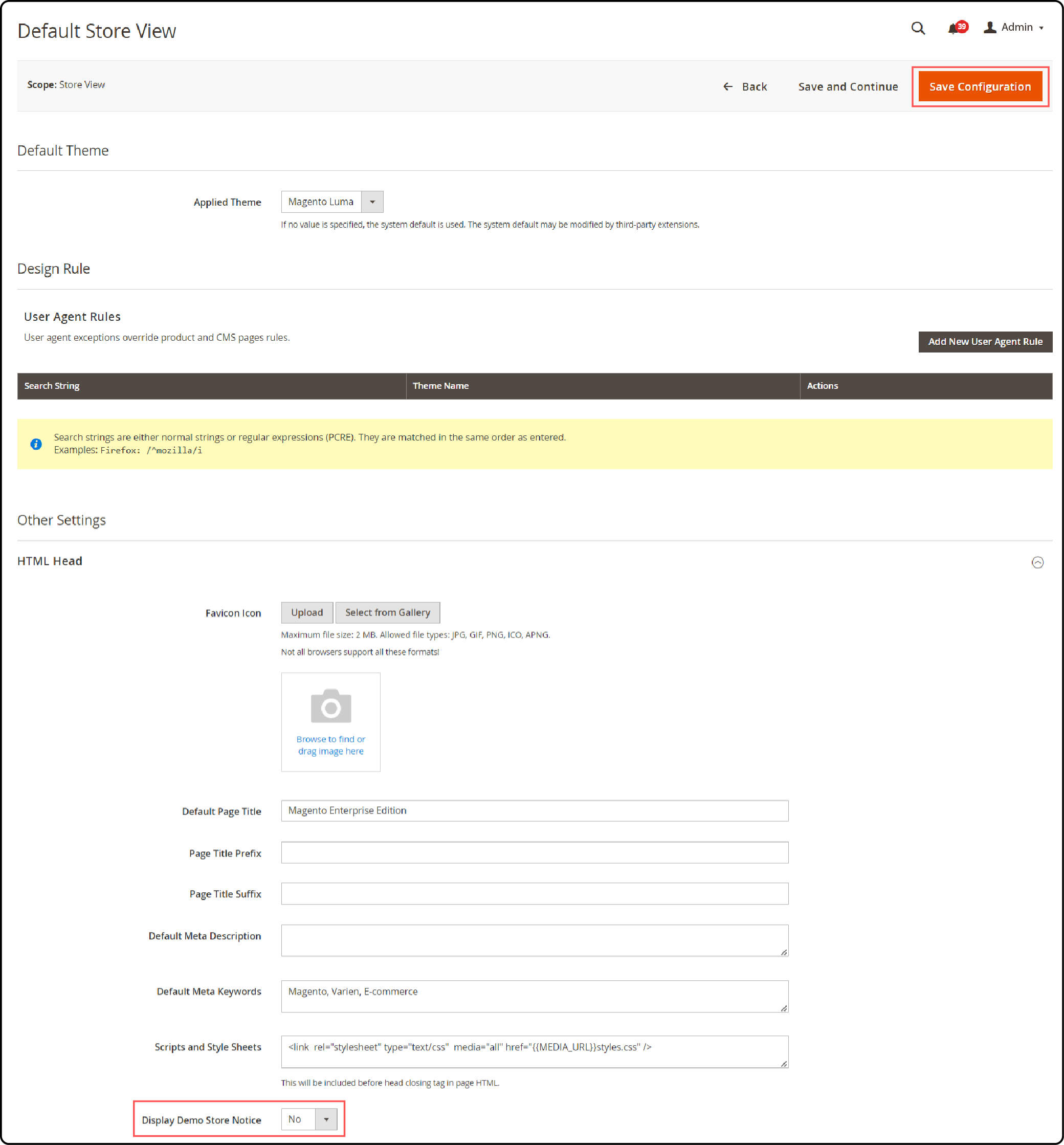 Expand the HTML Head section-Adjust the Display Demo Store Notice-Save the Configuration