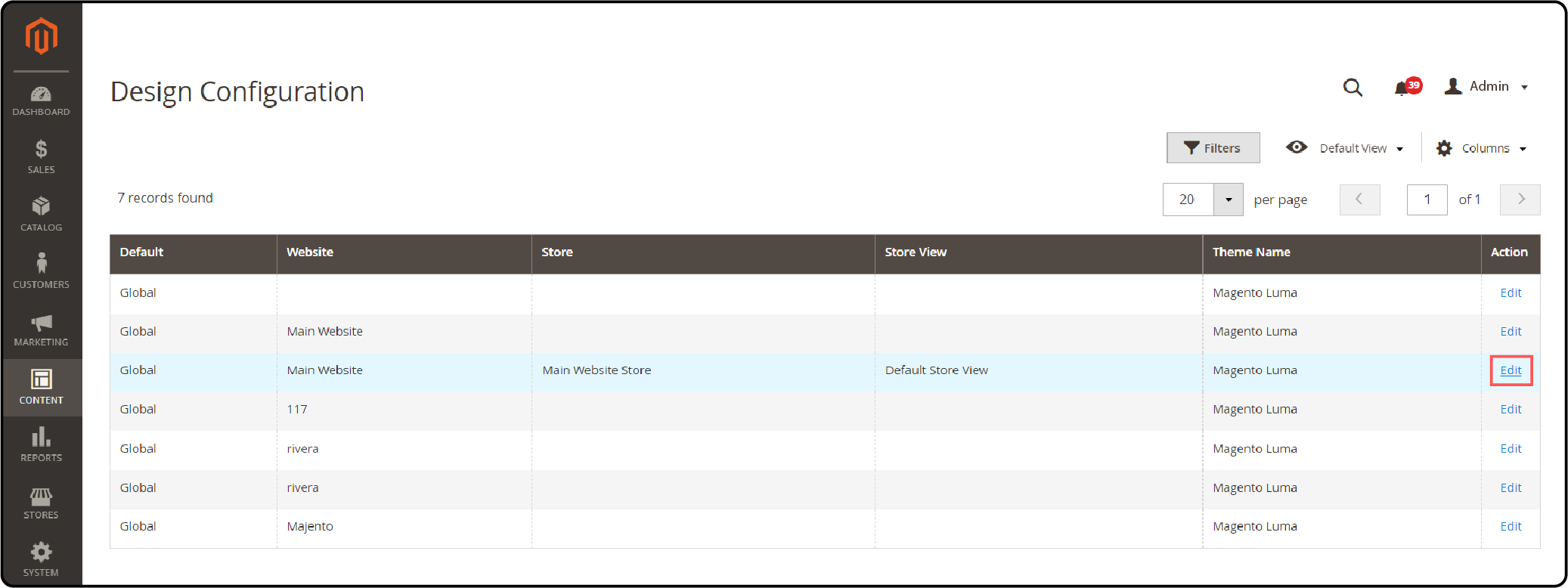 Locate the store view-click on Edit in the Action column