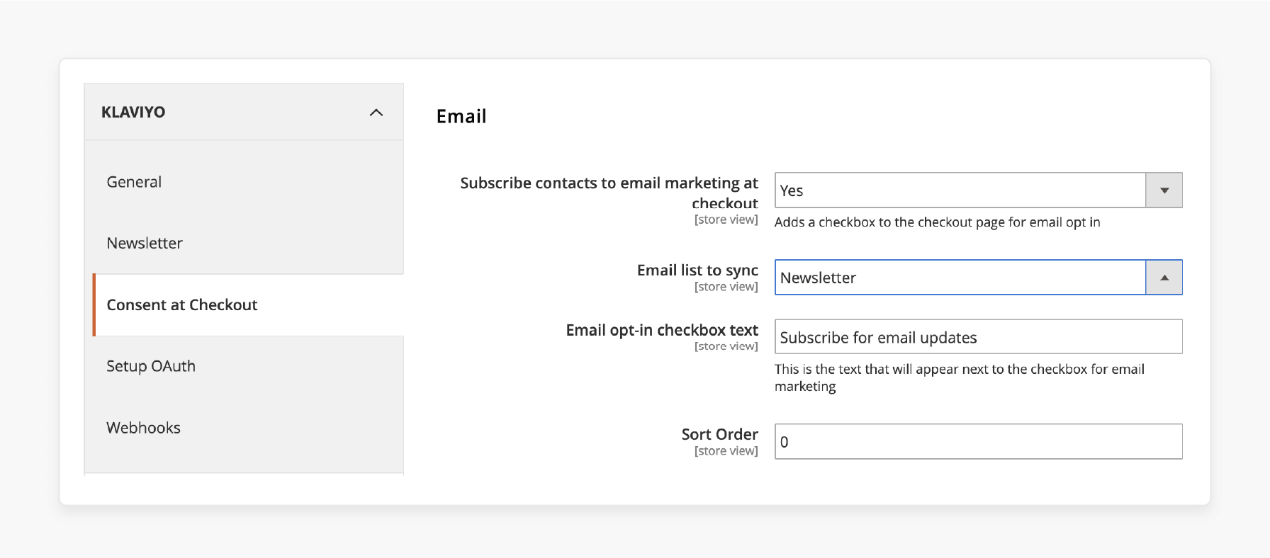 magento 2 settings panel for configuring klaviyo email and sms marketing consent at checkout