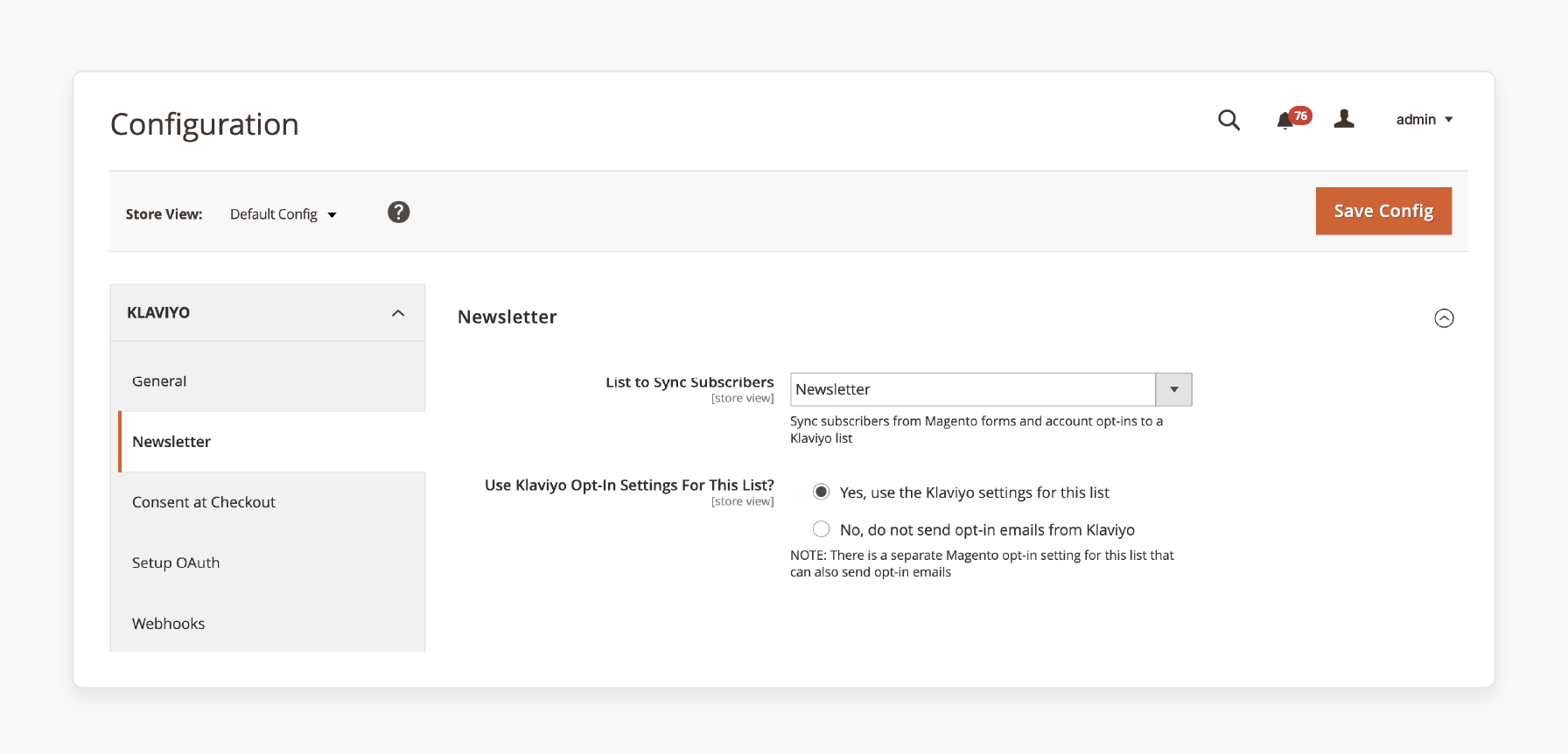 setting a newsletter list for klaviyo sync in magento 2