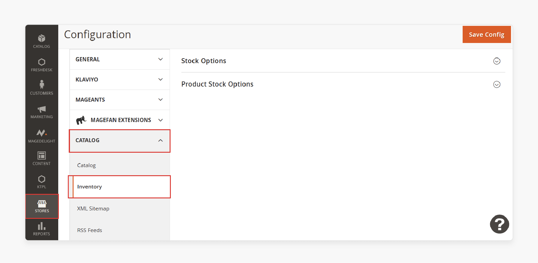 magento admin panel navigation to inventory configuration under catalog settings