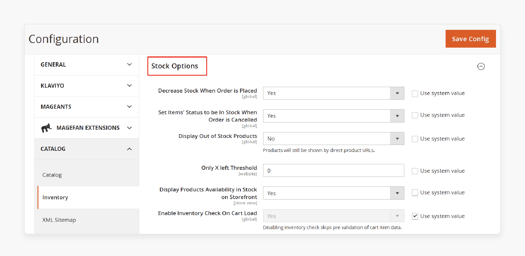 magento stock options panel for setting availability thresholds and storefront display