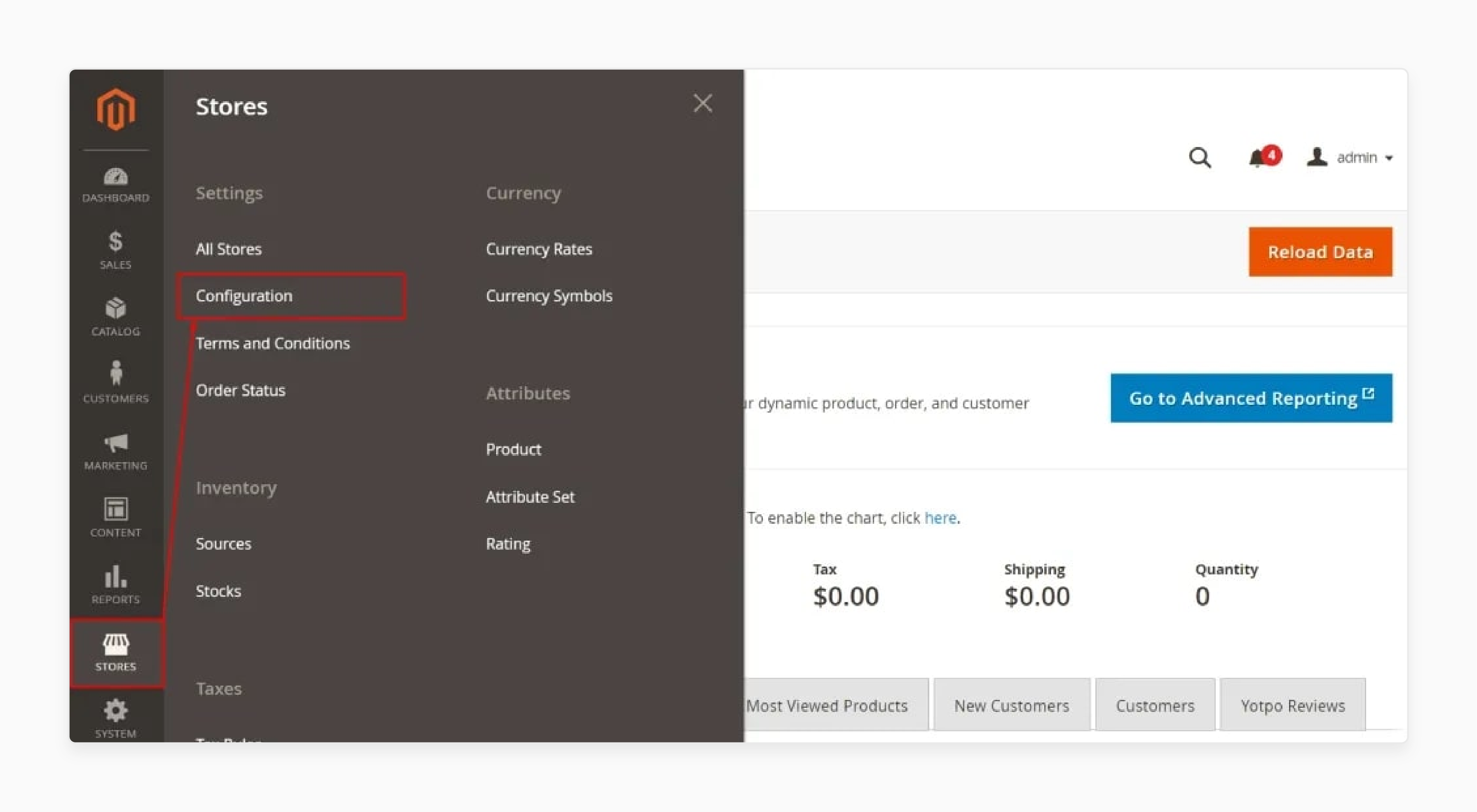 Select Stores &gt; Settings &gt; Configuration