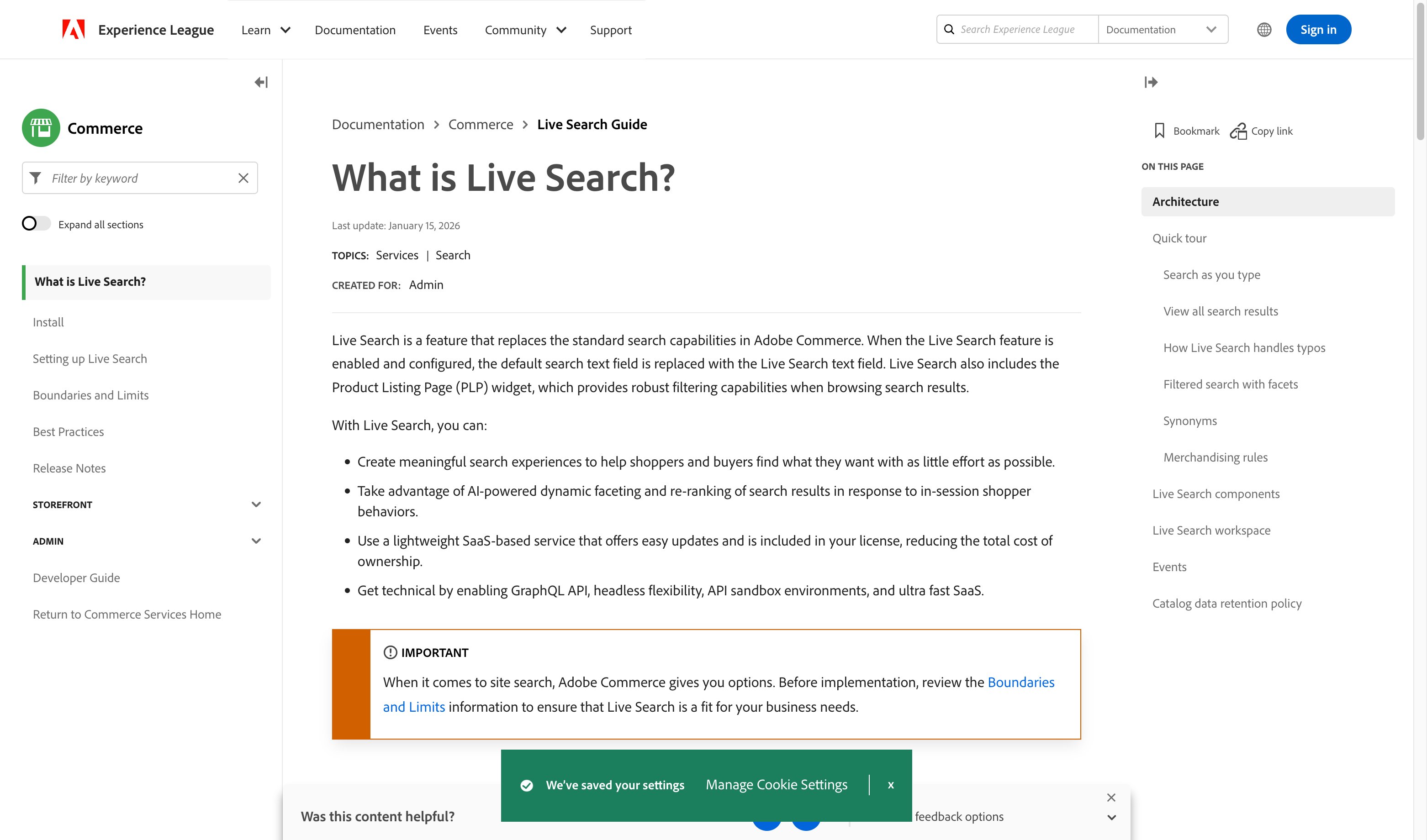 Adobe Commerce Live Search Adobe Commerce Live Search documentation showing SaaS-based AI search with dynamic faceting and merchandising rules
