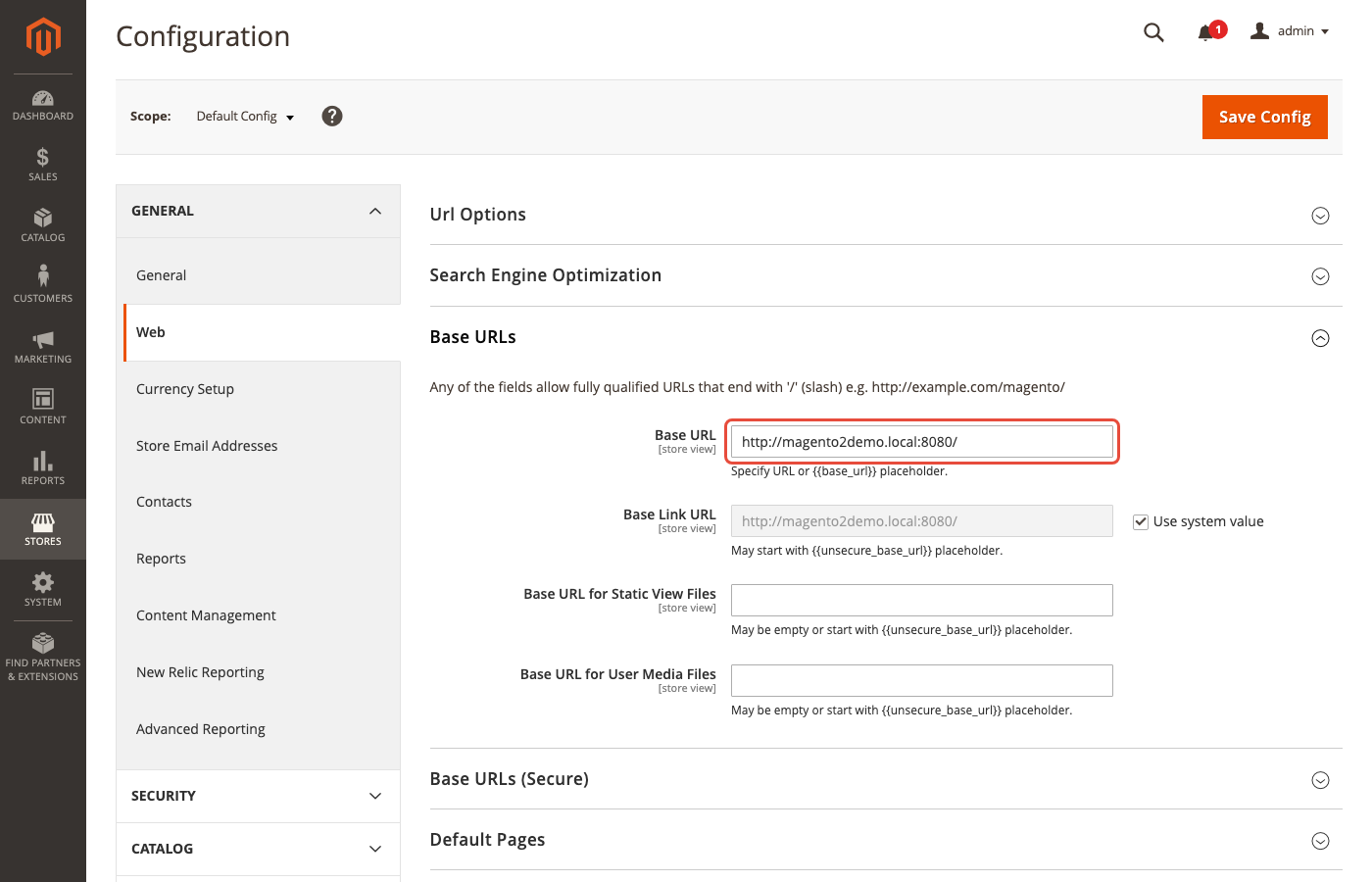 Magento 2 Base URL configuration field under Stores Configuration General Web