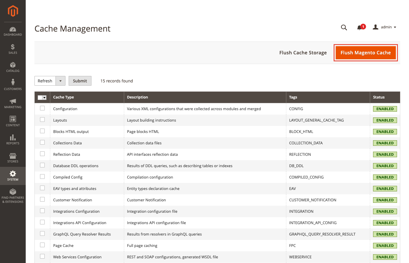 Magento 2 Cache Management page with cache types listed and Flush Magento Cache button