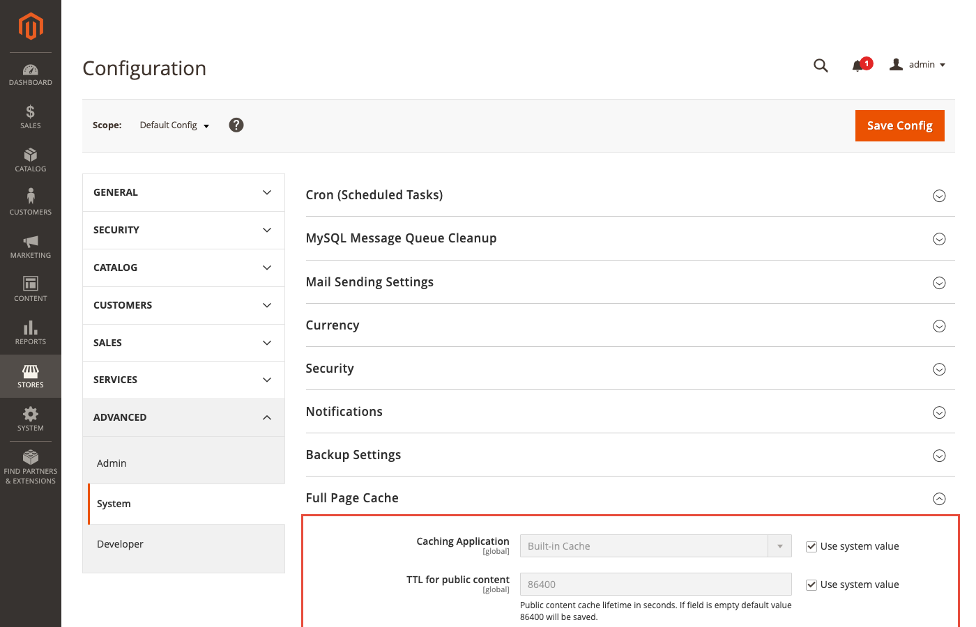 Magento 2 Full Page Cache configuration section with Caching Application and TTL fields