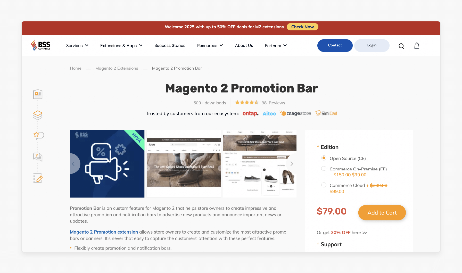 BSS Commerce Magento 2 promotion bar with sticky and multi-page display options.