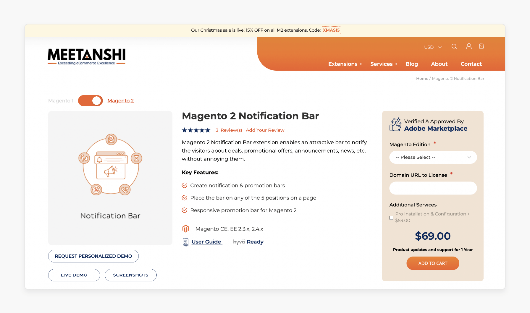Meetanshi’s Magento 2 notification bar with responsive design and audience targeting.