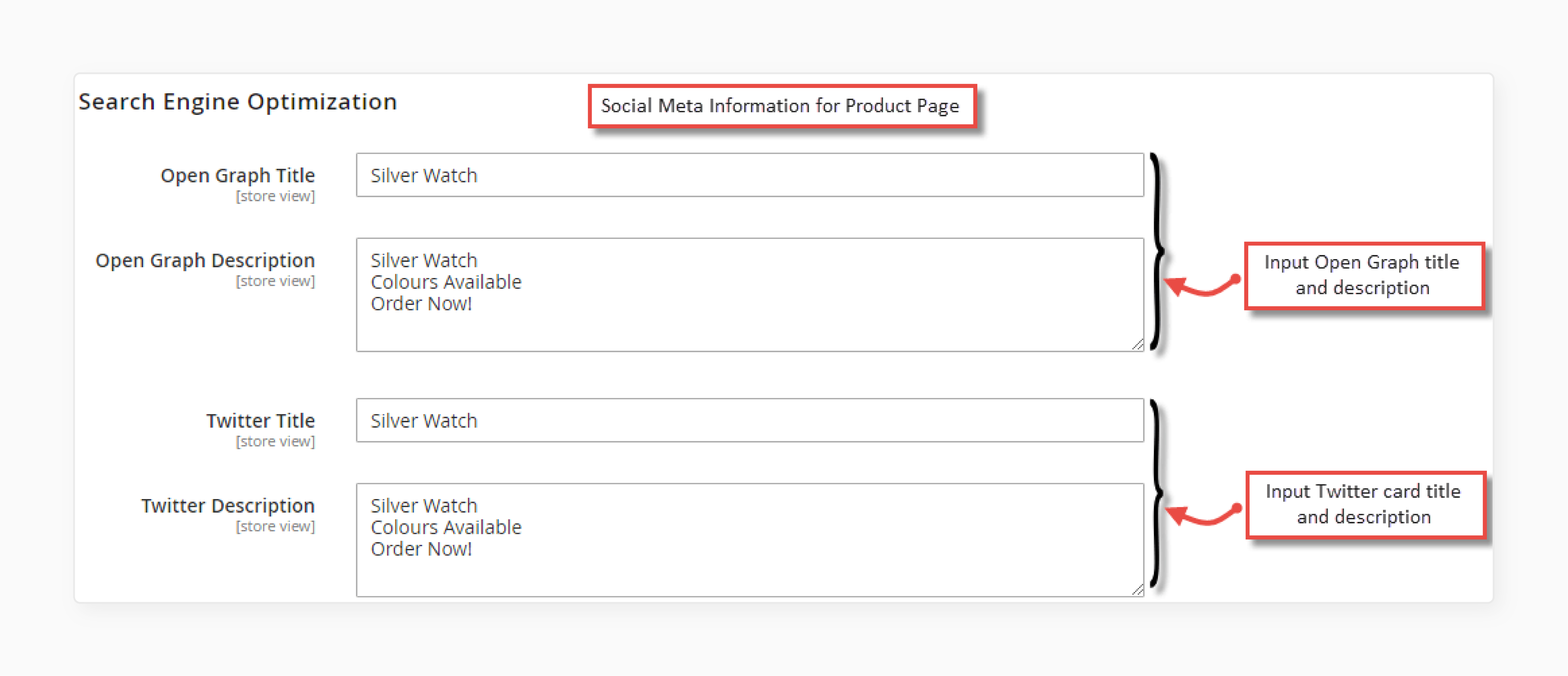 Enter the title and description in the Magento 2 Social meta tags extension