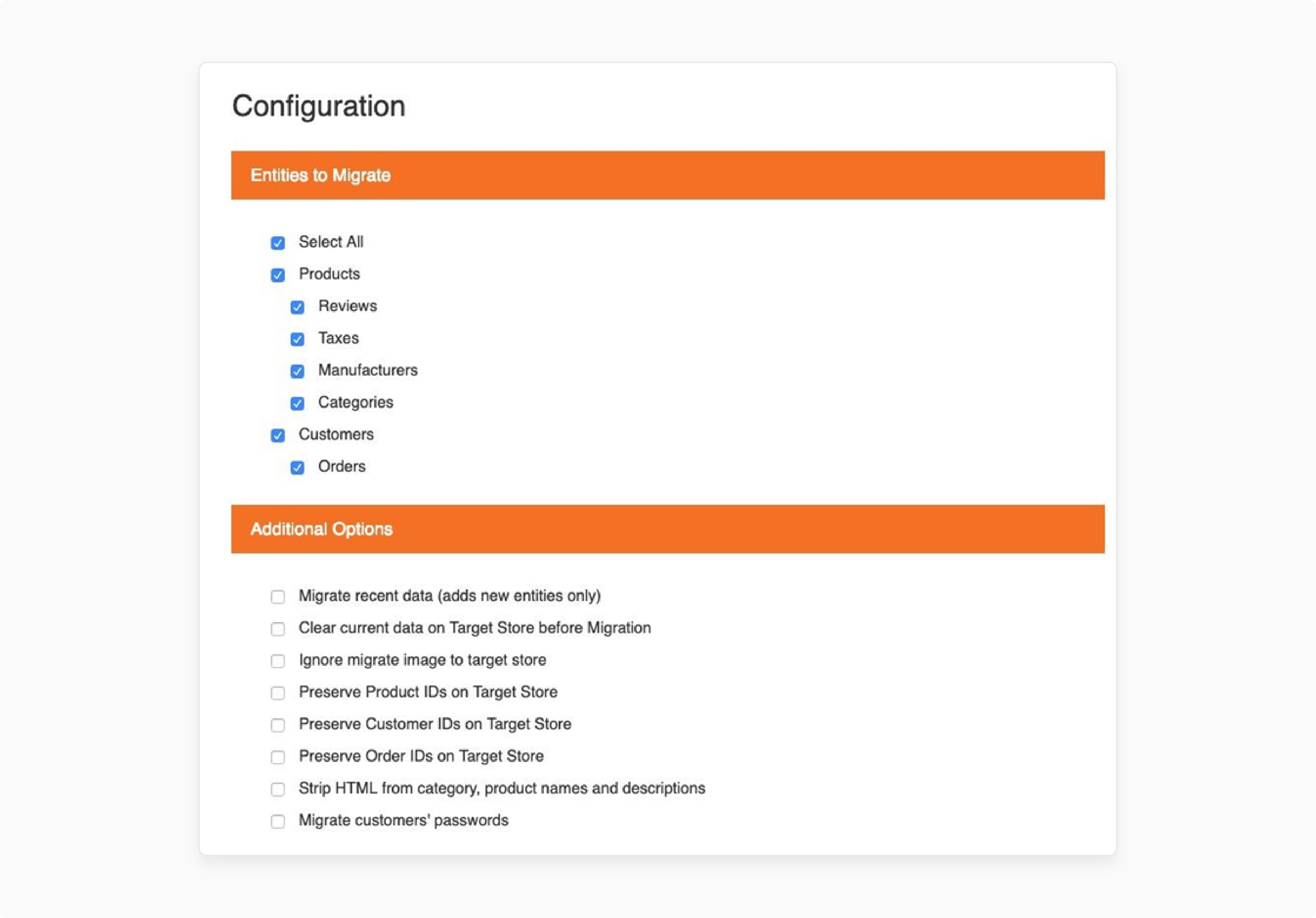 Select entities for zoey to magento migration