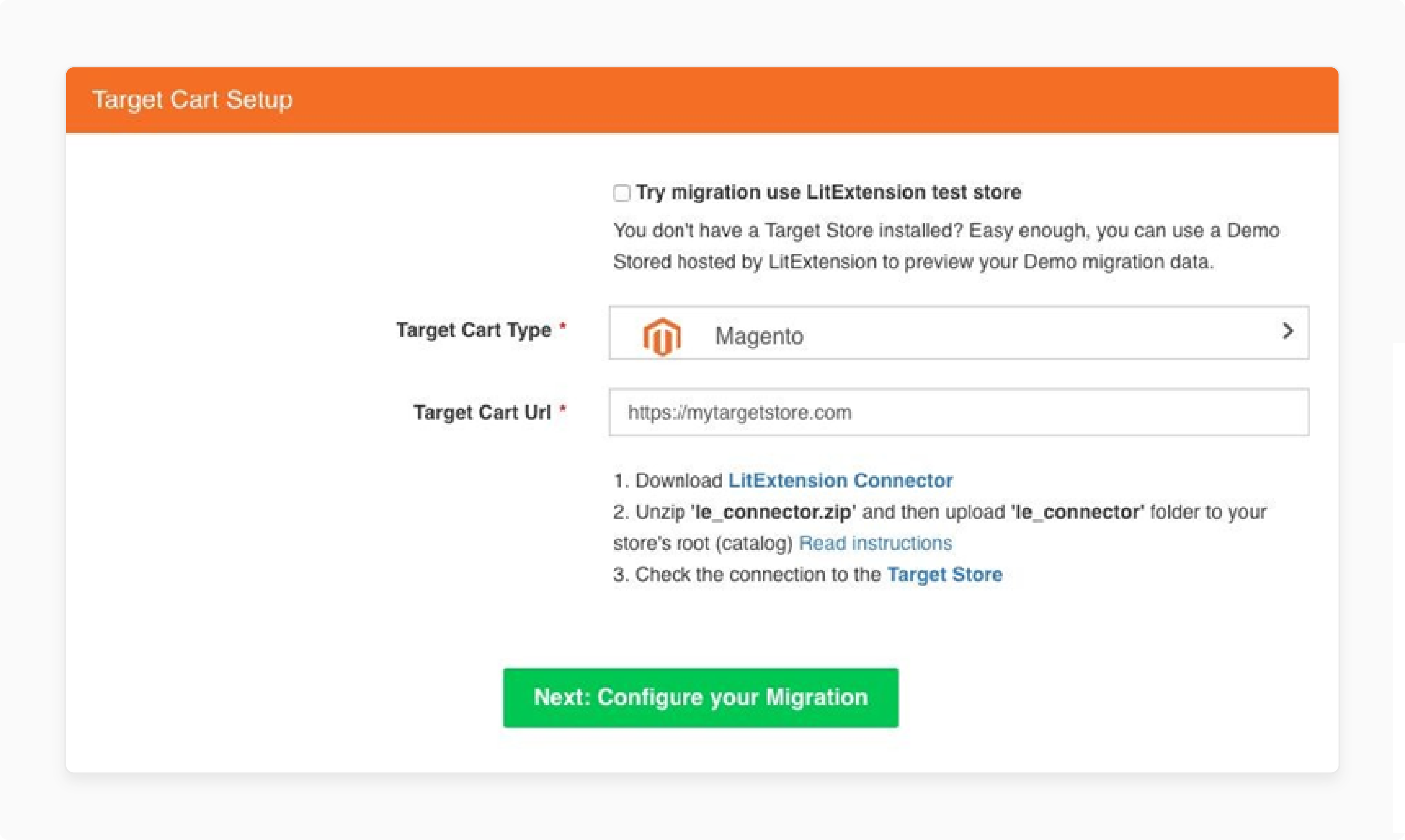 Connect your target cart for zoey to magento migration