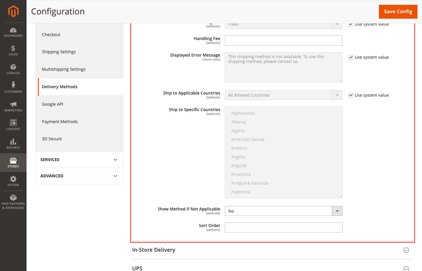 Table Rate condition and country settings