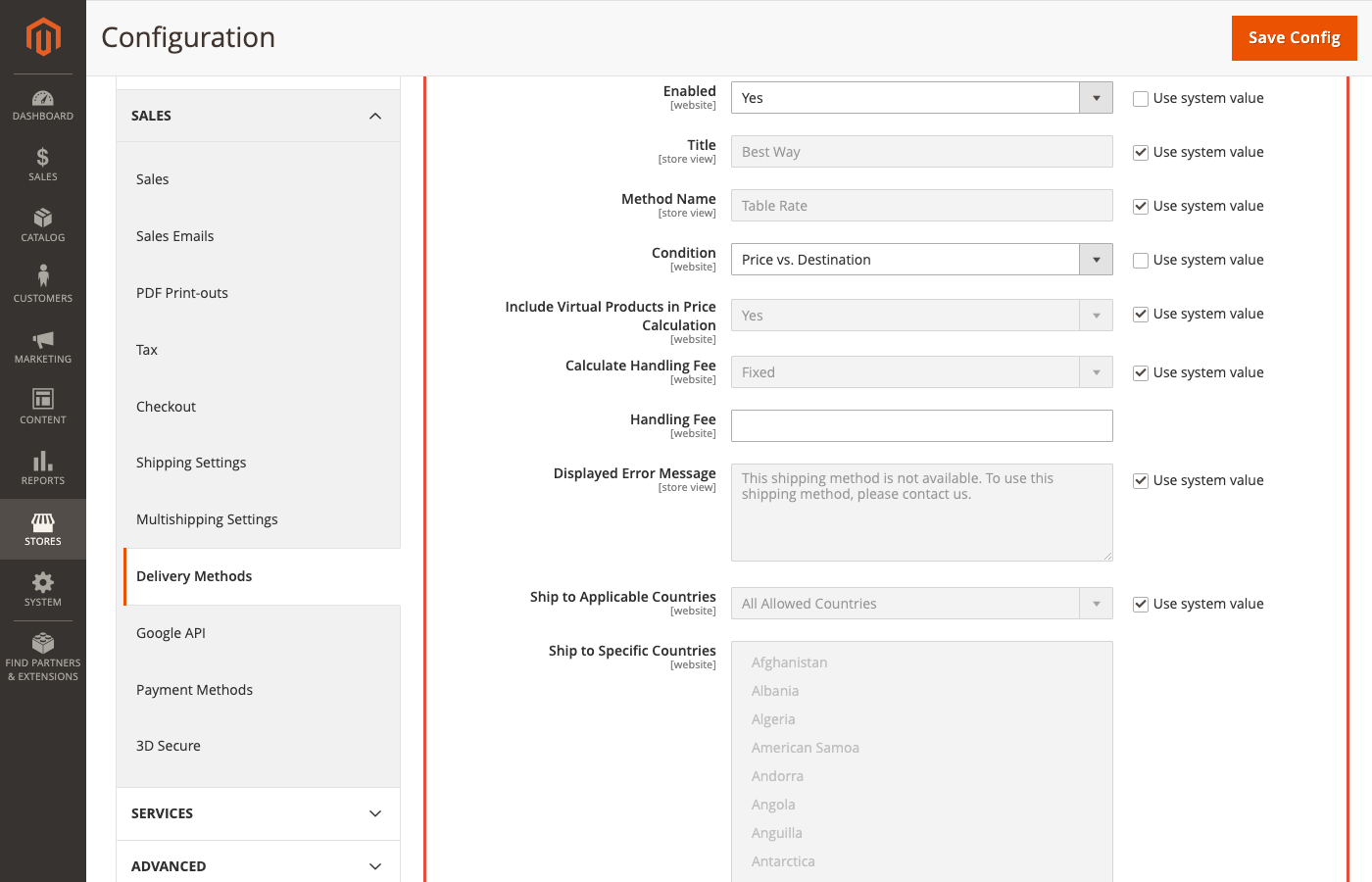 Magento 2.4.8 Table Rates configuration with all settings