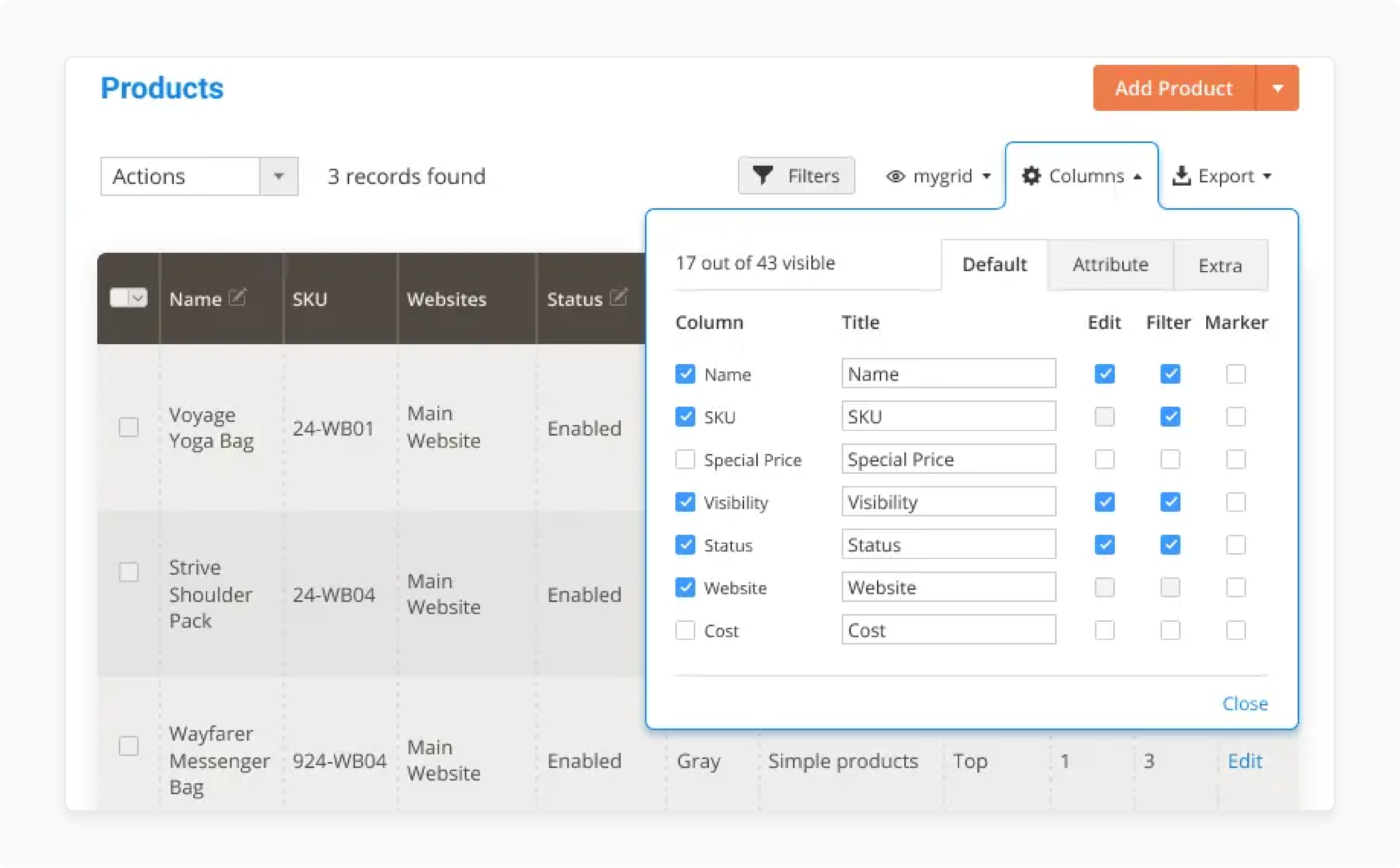 Custom columns for SKU, price, and stock in Magento 2