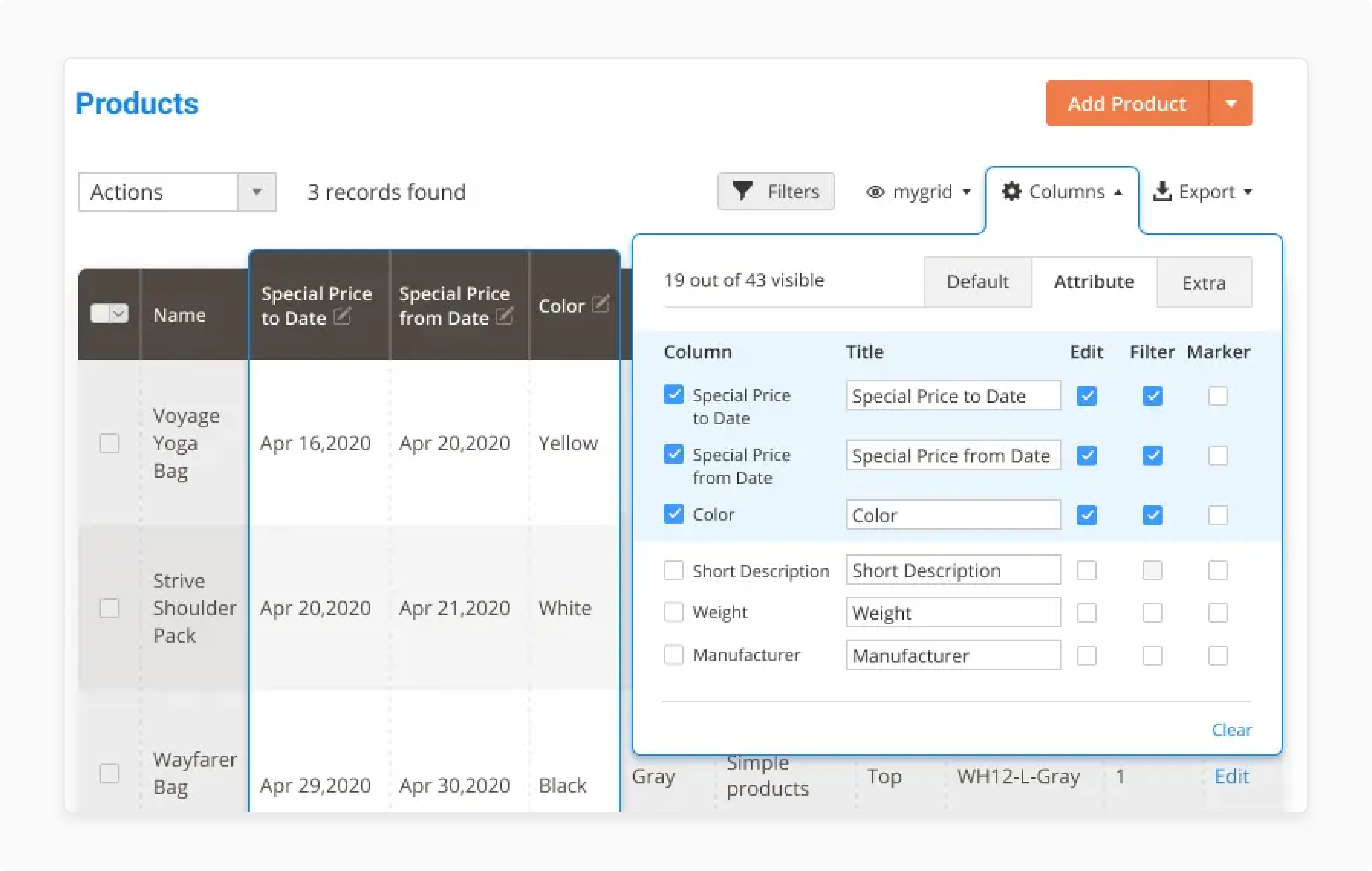 Display custom fields like size and color