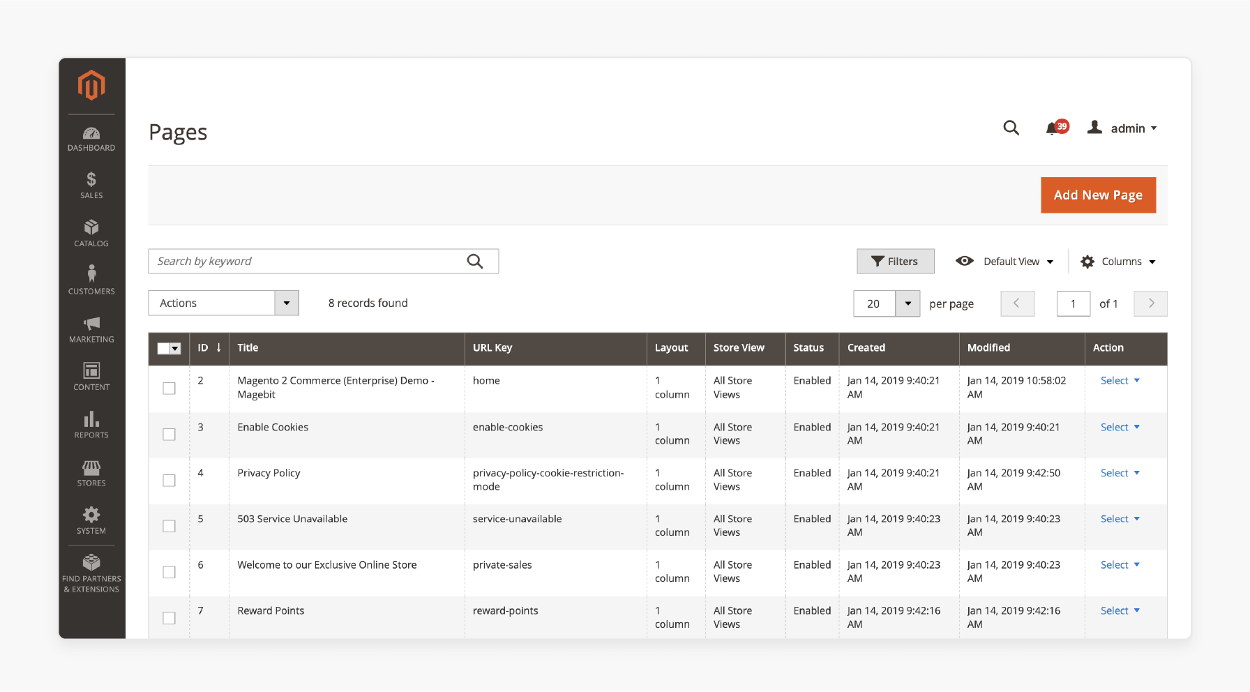 Go to Content &gt; Elements &gt; Pages to view the list of existing CMS pages