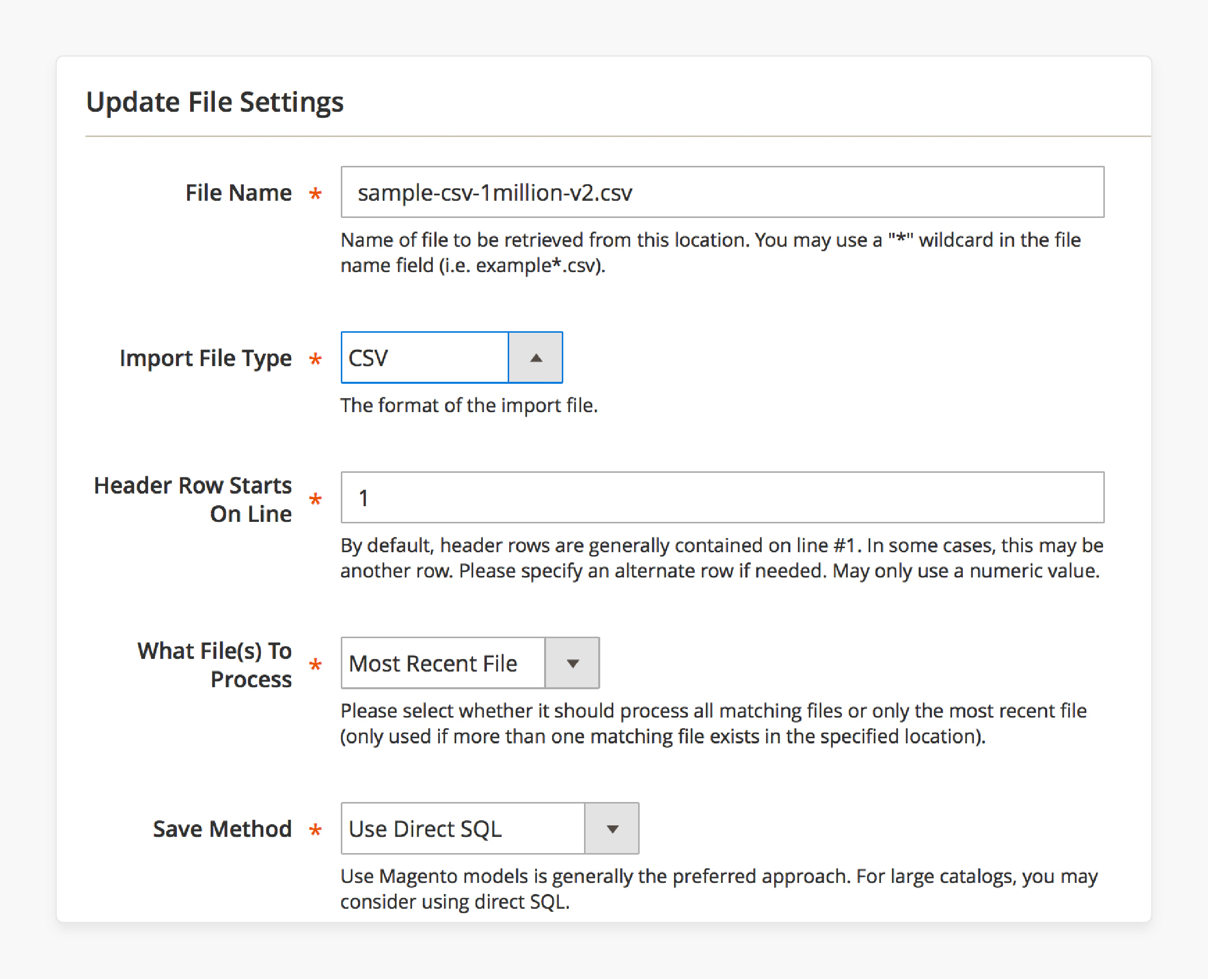 Defining File Settings for Inventory Sync in Magento 2
