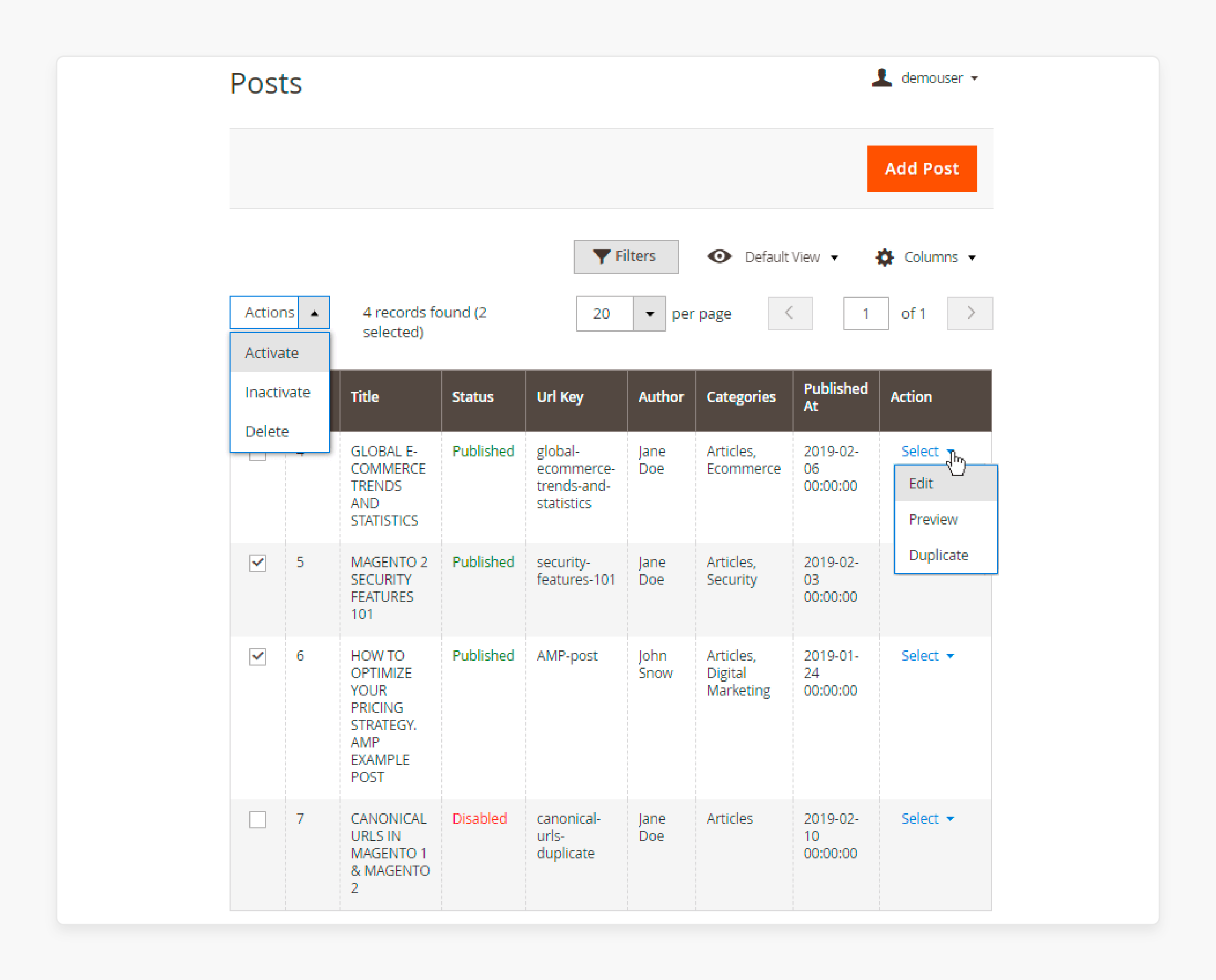 Manage posts using the magento 2 premium blog extension