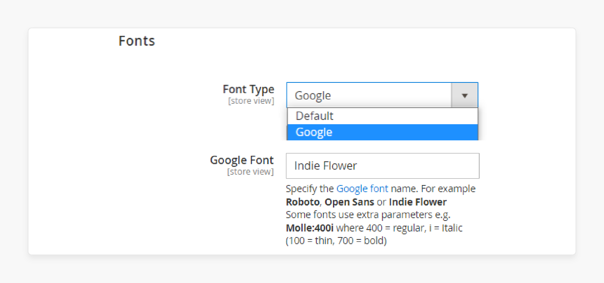 Choose fonts in the magento 2 premium blog extension
